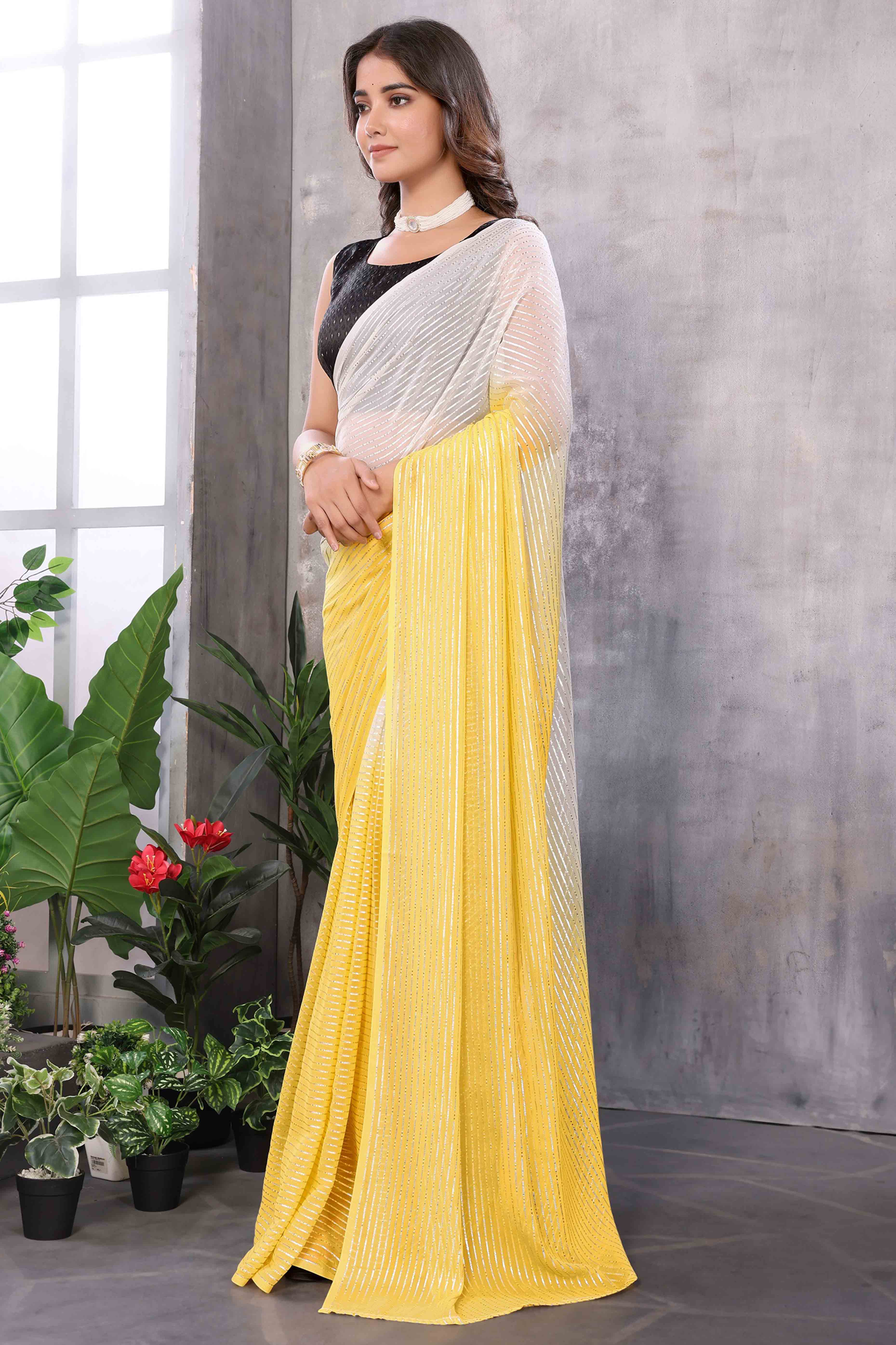 Yellow Striped Zari Woven Art Silk Ready To Wear Saree