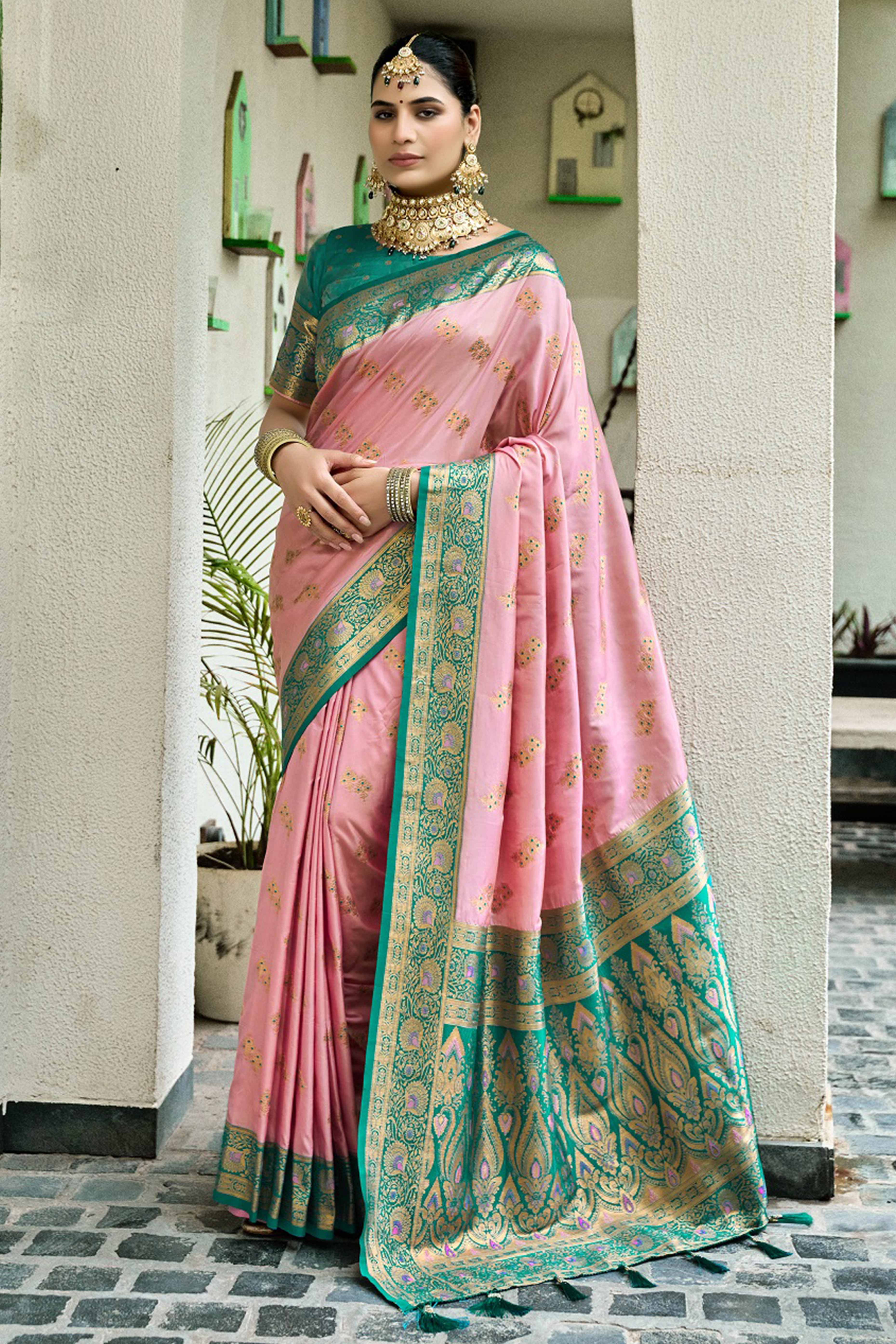 Peach Silk Blend Saree Featuring Intricate Floral Zari Work