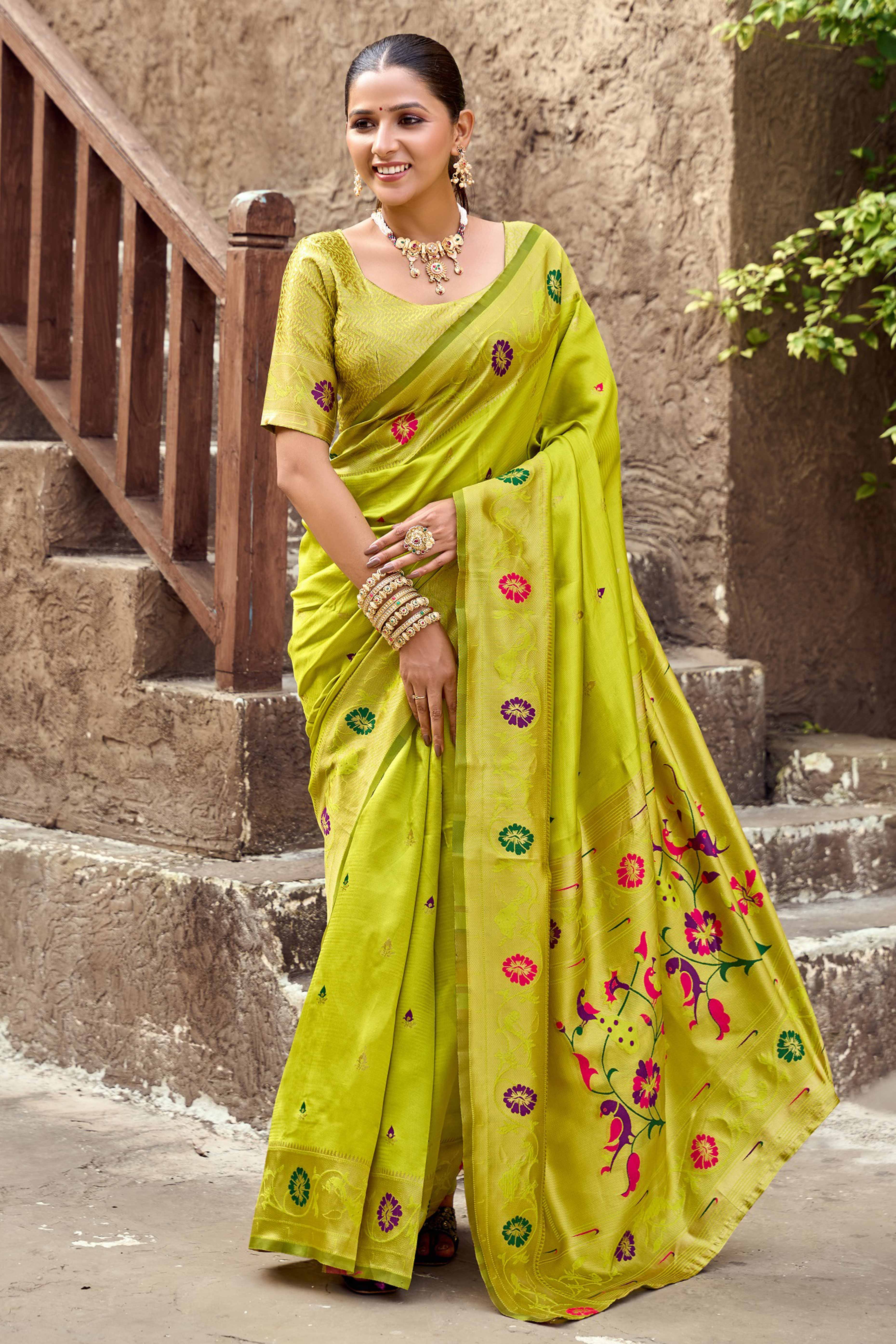 Parrot Green Paithani Style Soft Silk Saree with Zari Weaving