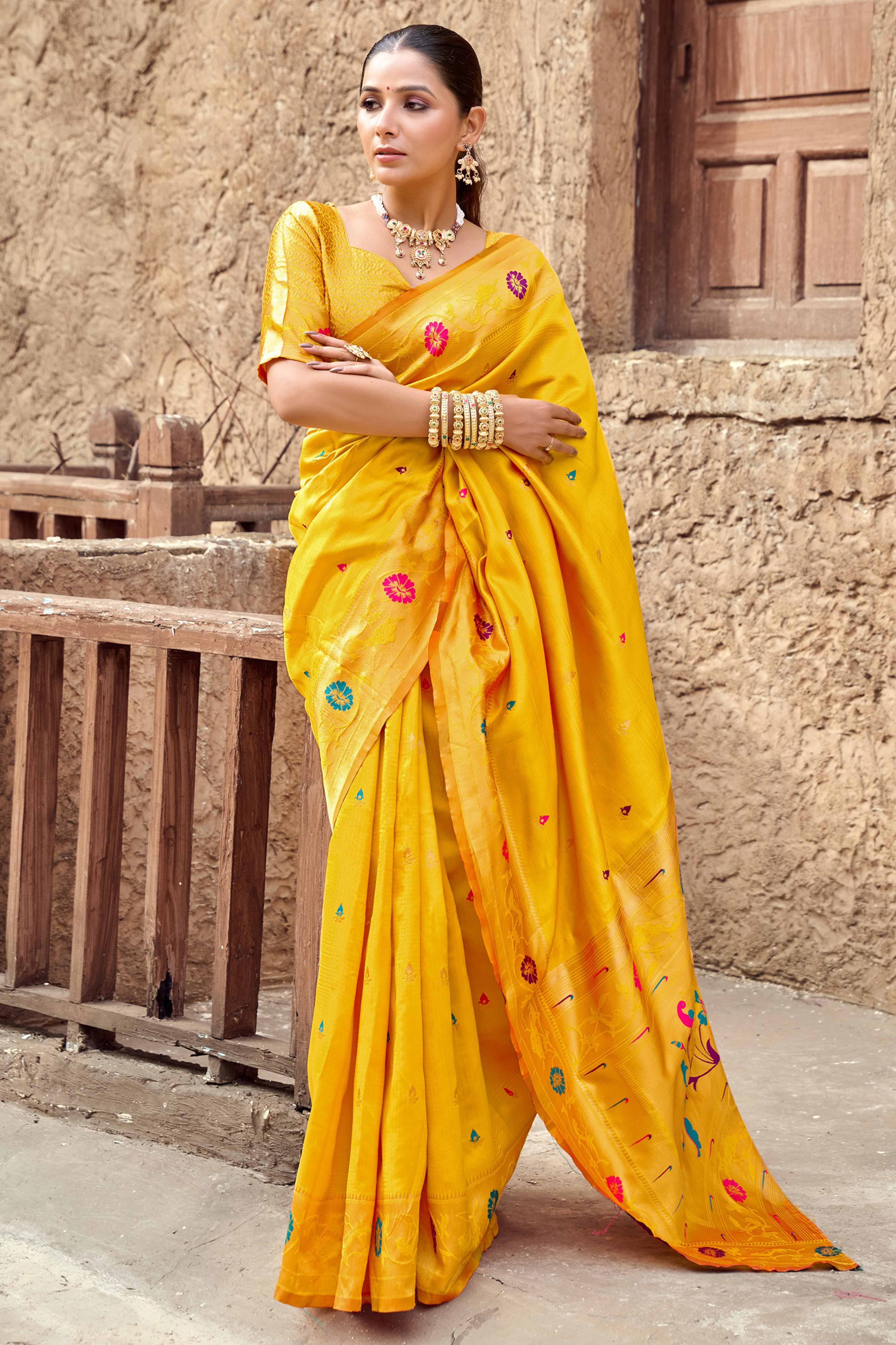 Yellow Paithani Style Soft Silk Saree with Zari Weaving