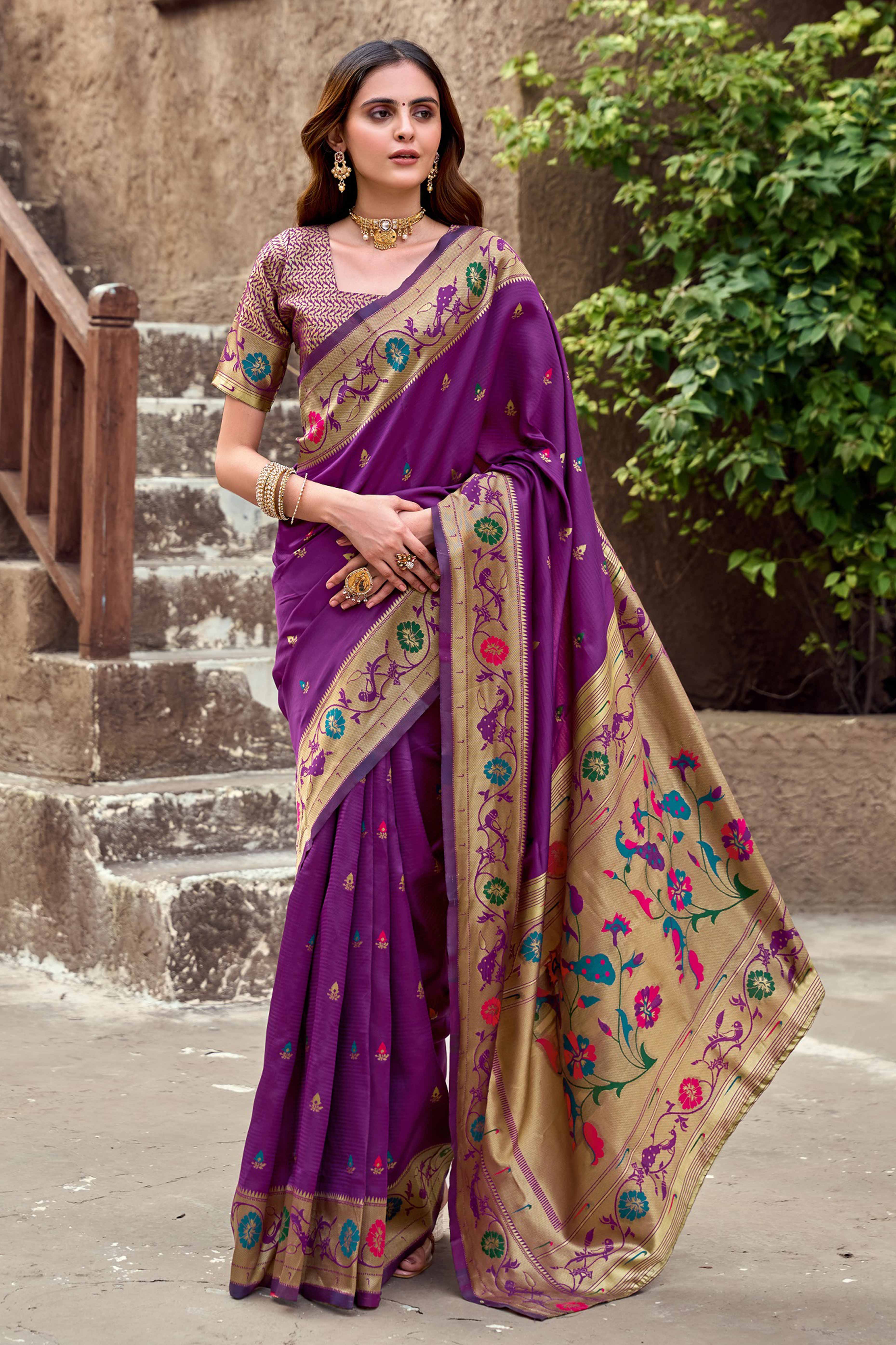 Purple Paithani Style Soft Silk Saree with Zari Weaving