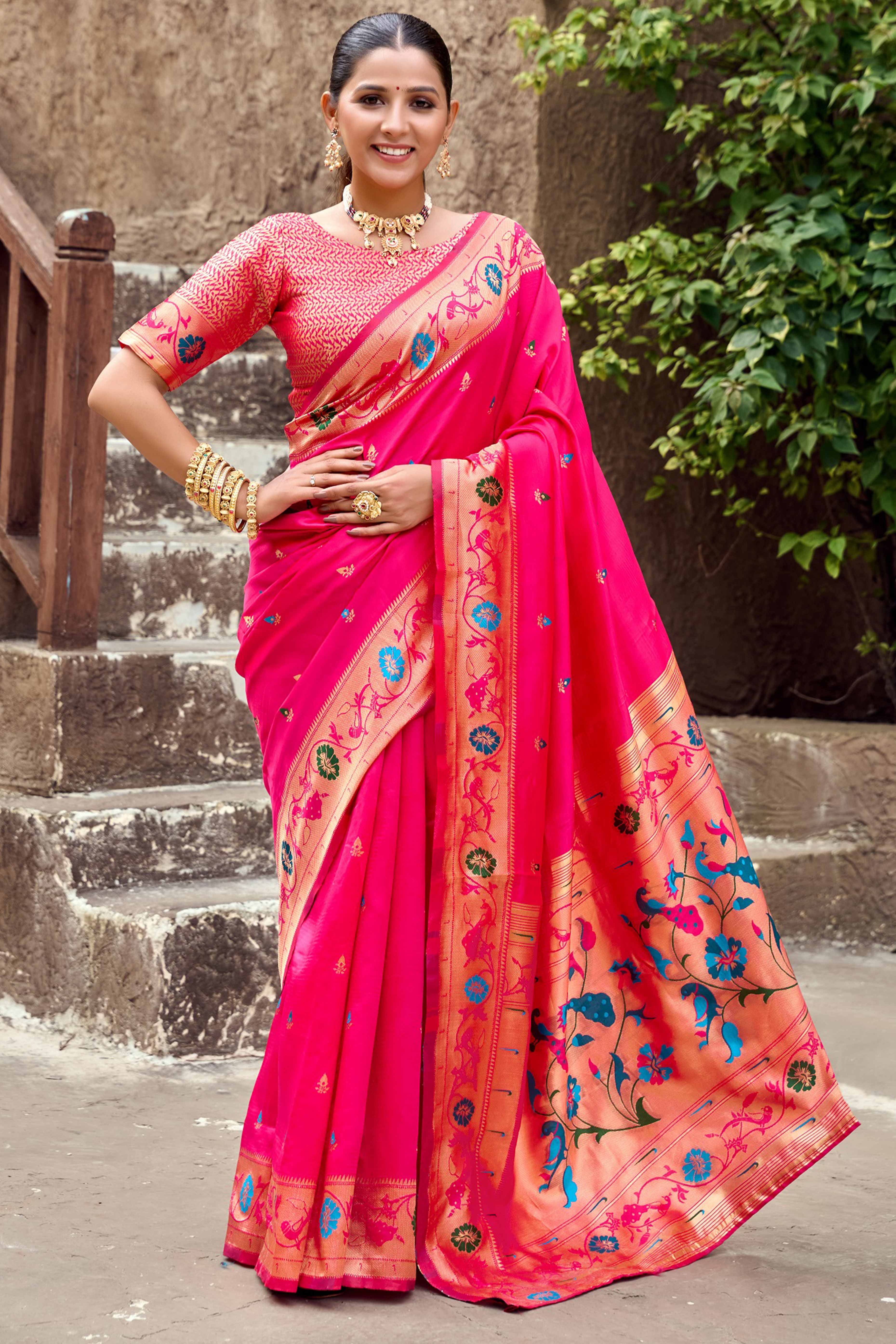 Pink Paithani Style Soft Silk Saree with Zari Weaving
