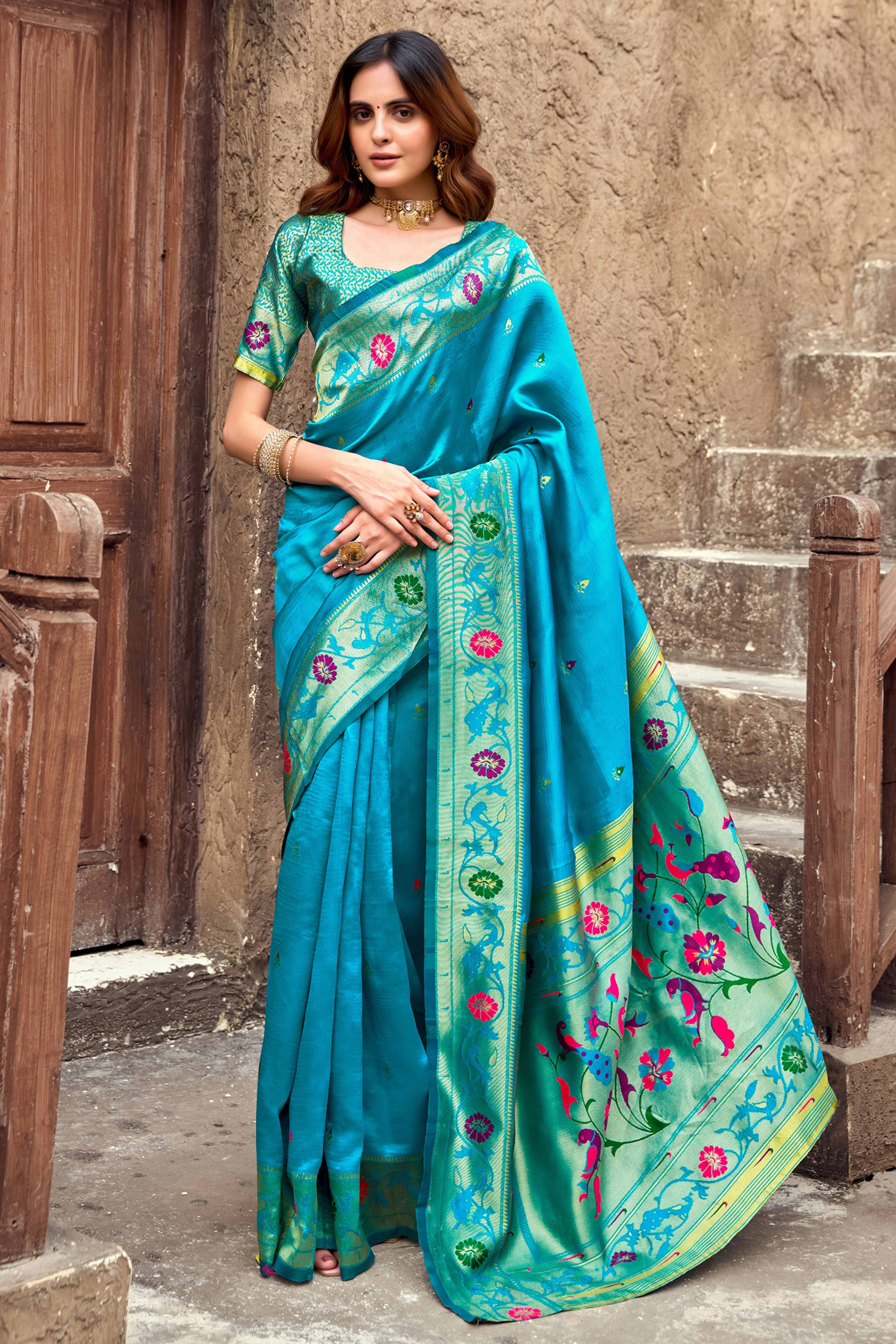 Rama Blue Paithani Style Soft Silk Saree with Zari Weaving