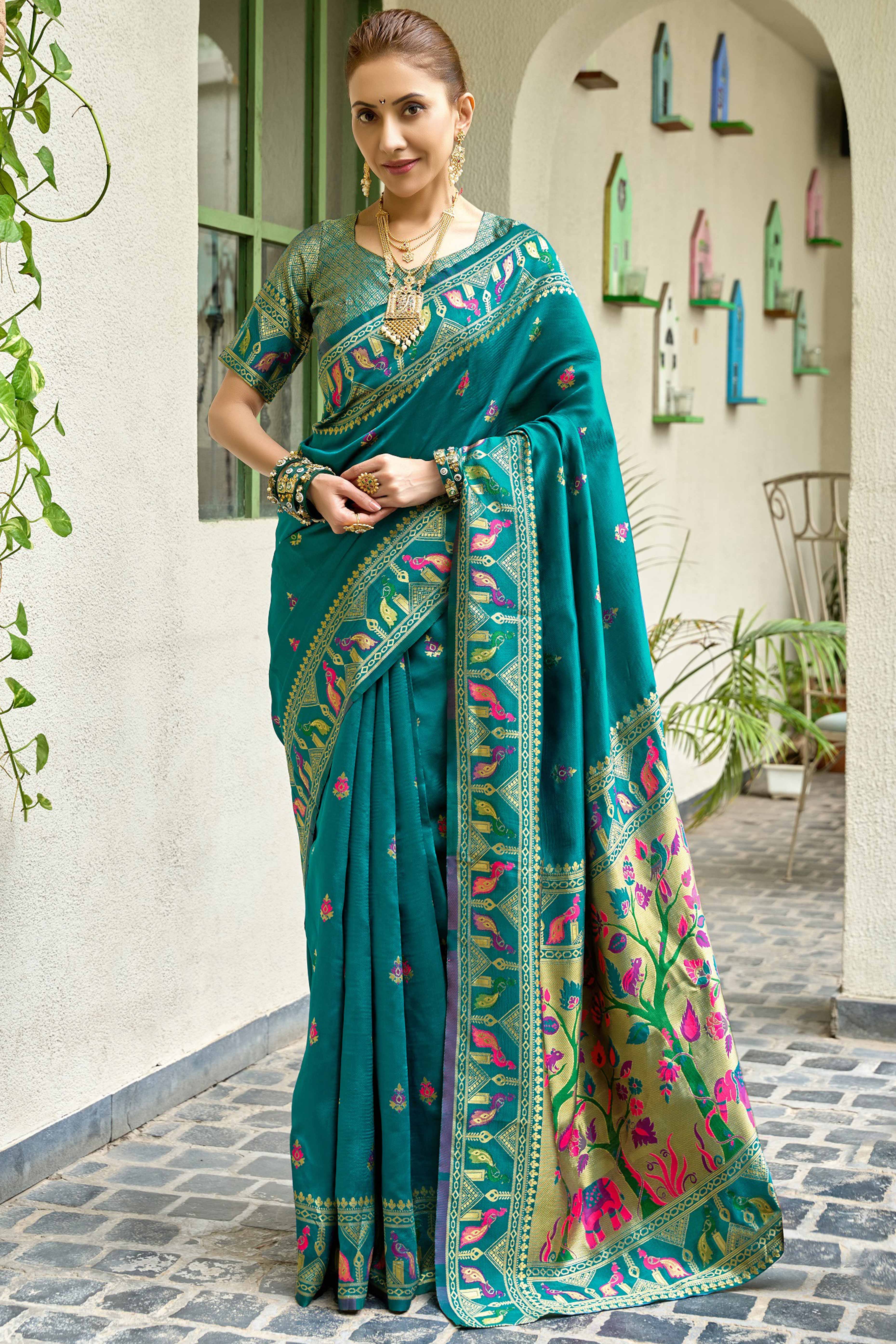 Rama Green Paithani Style Soft Silk Saree with Zari Weaving