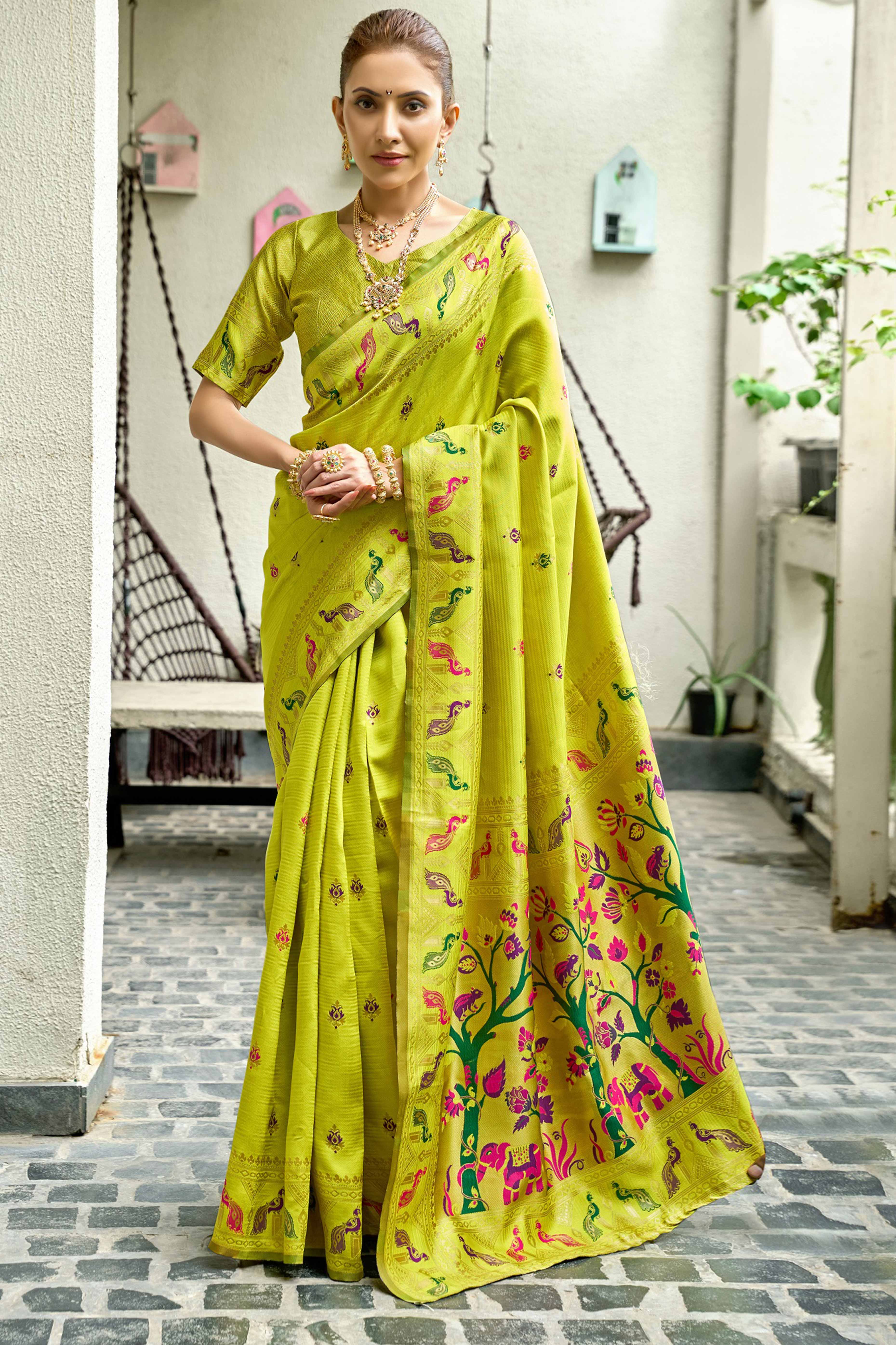 Parrot Green Paithani Style Soft Silk Saree with Zari Weaving