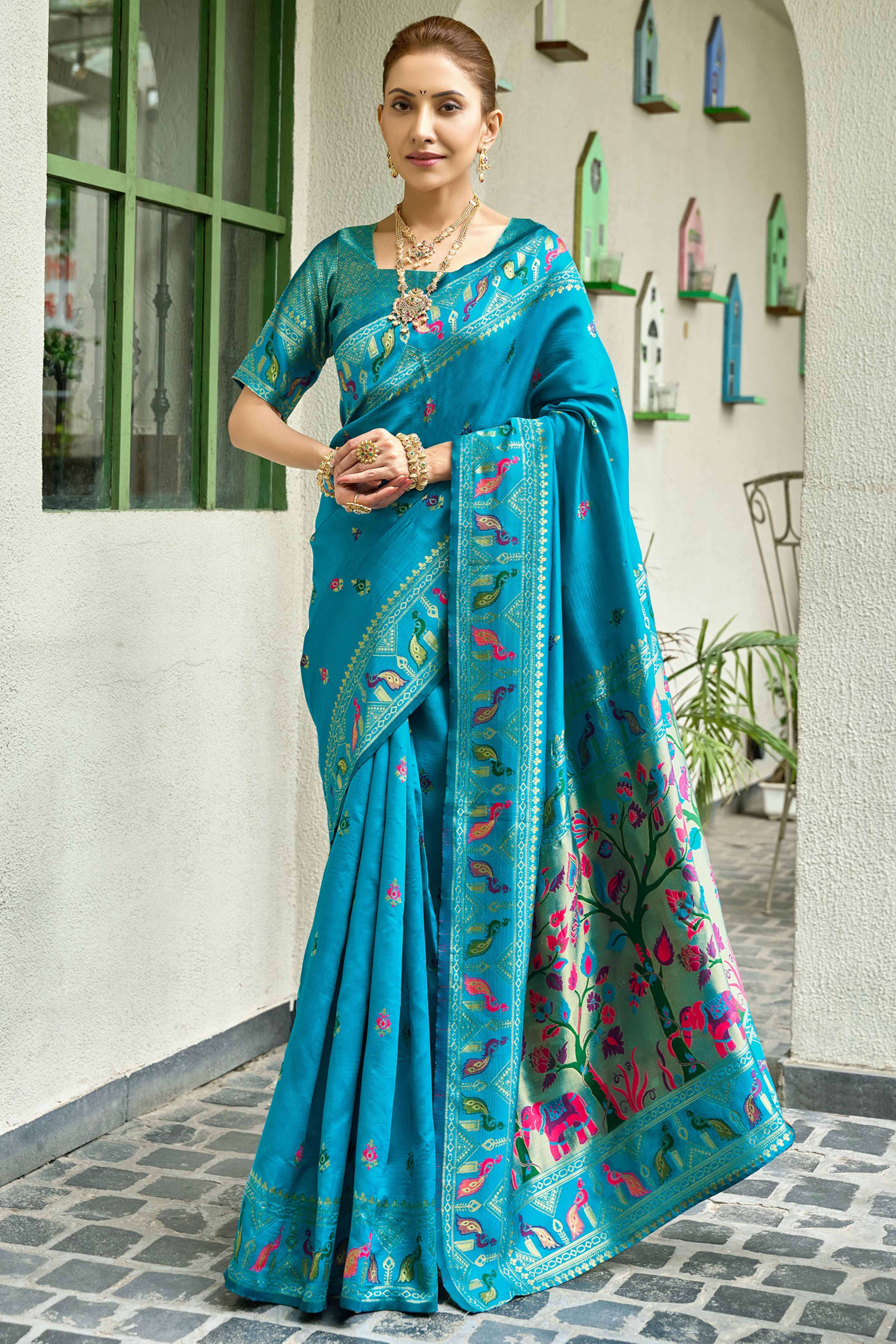 Blue Paithani Style Soft Silk Saree with Zari Weaving