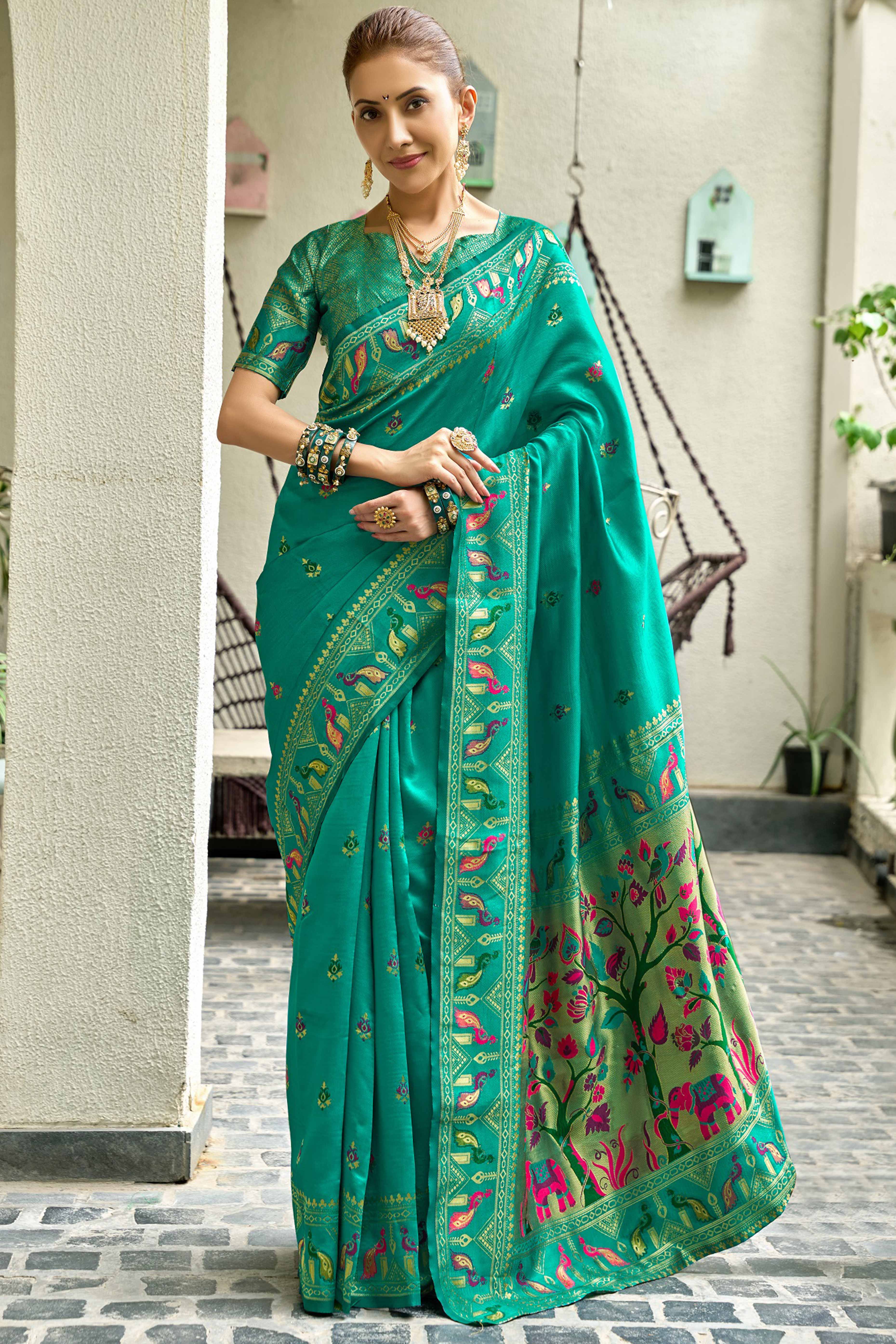 Peacock Green Paithani Style Soft Silk Saree with Zari Weaving
