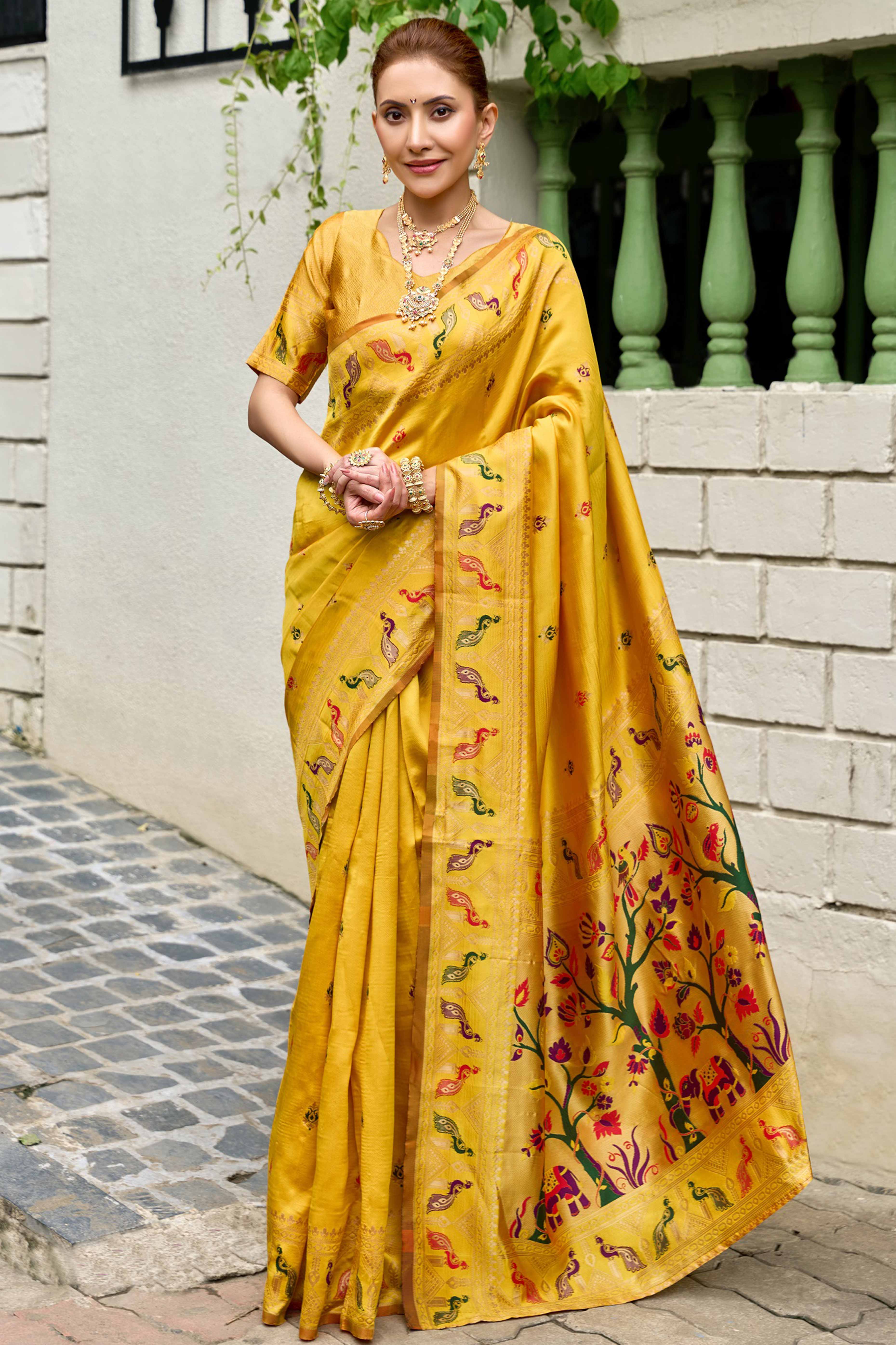 Mustard Paithani Style Soft Silk Saree with Zari Weaving