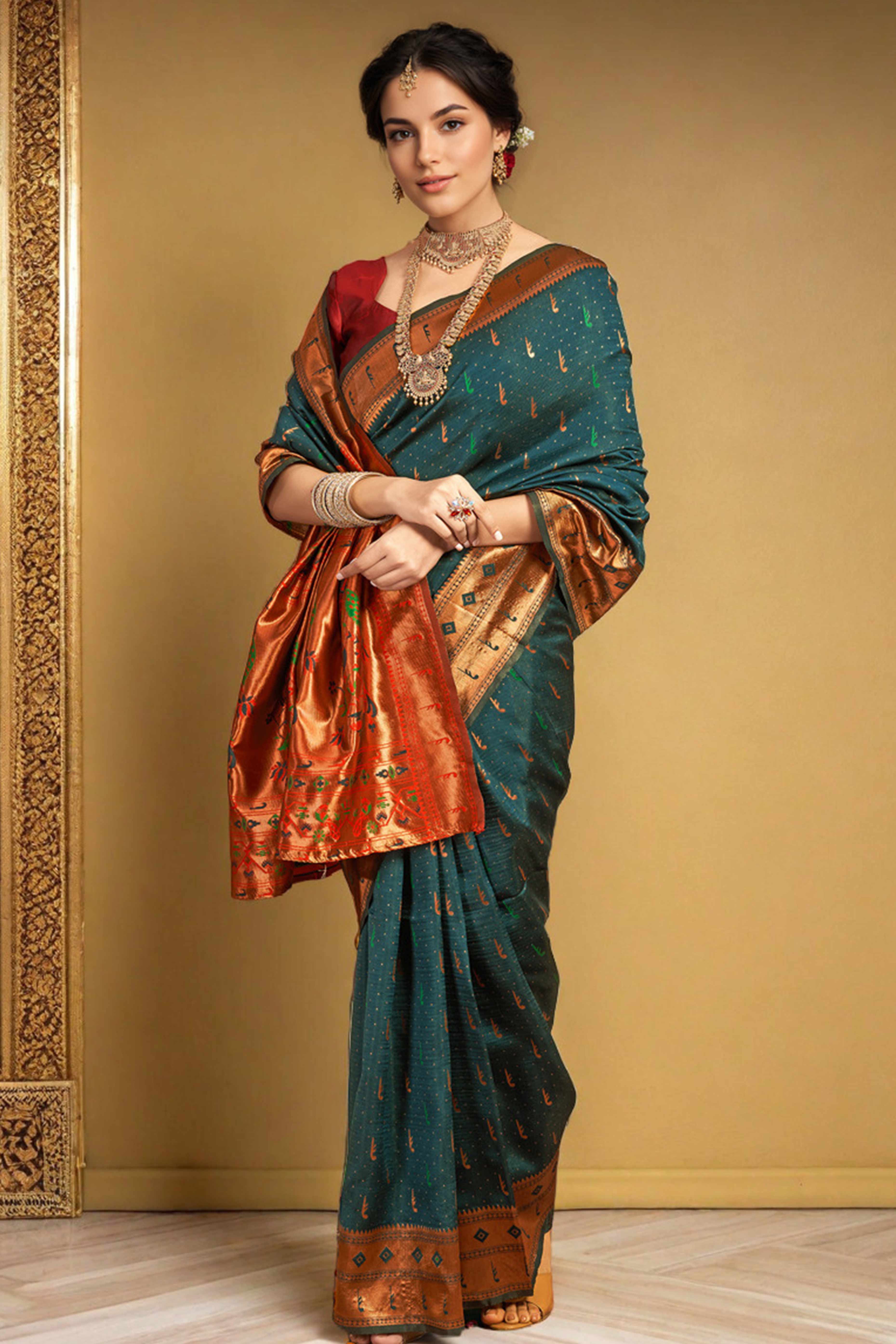 Deep Teal Silk Blend Paithani Saree Adorned With Zari Weaving & Peacock Motif Pallu
