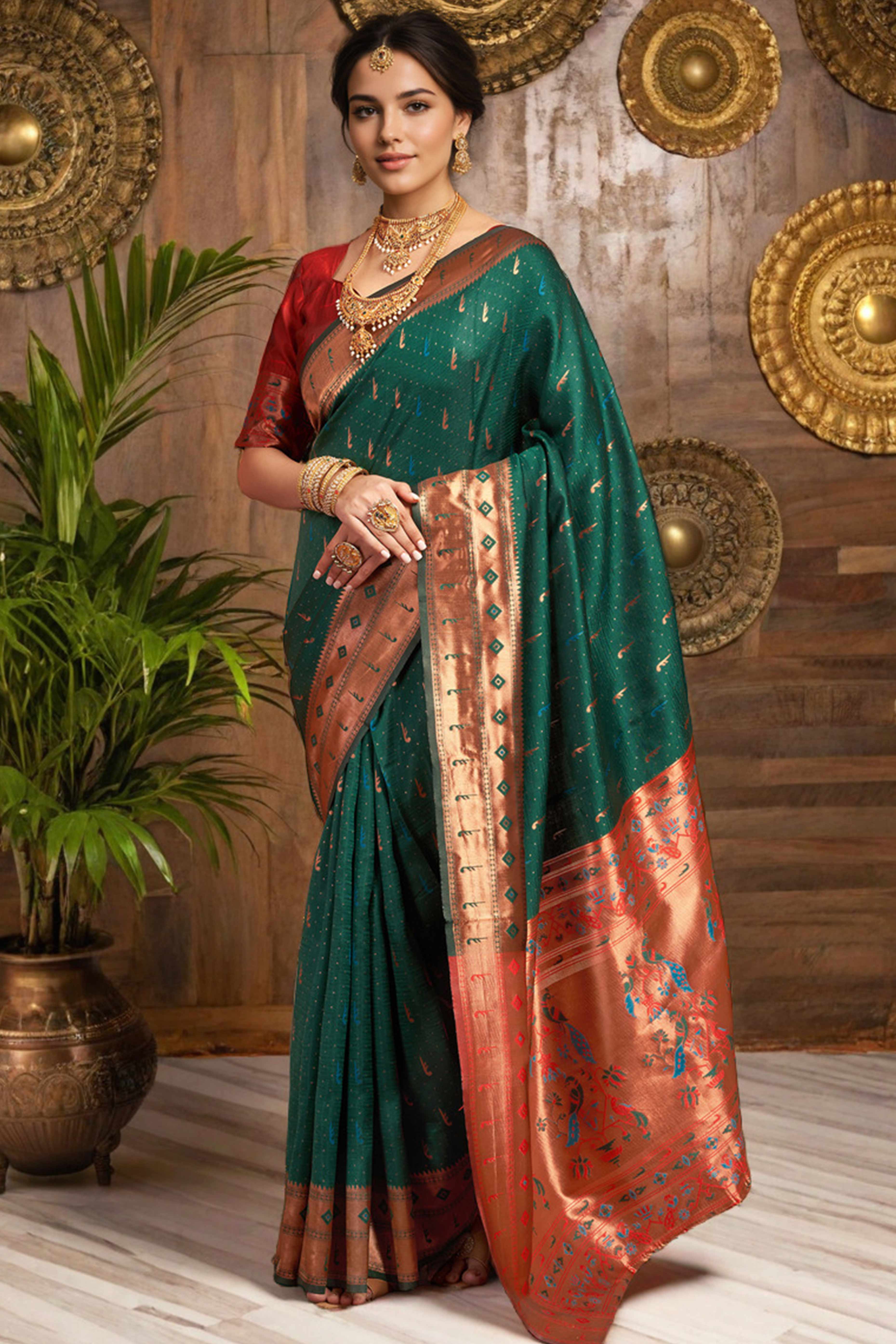 Green Silk Blend Paithani Saree Adorned With Zari Weaving & Peacock Motif Pallu