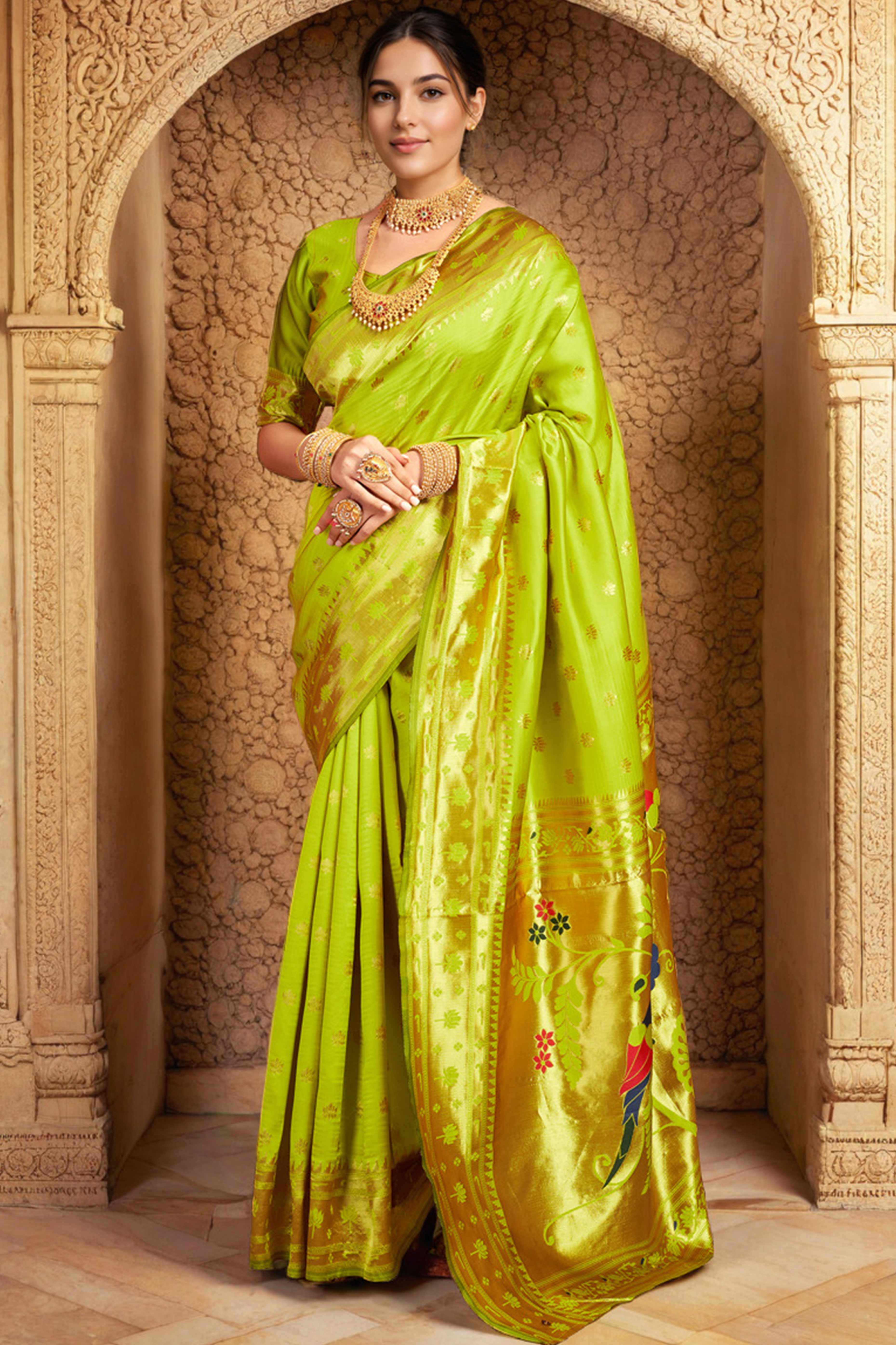 Lime Green Weaving Silk Blend Paithani Saree With Floral & Parrot Motif Pallu