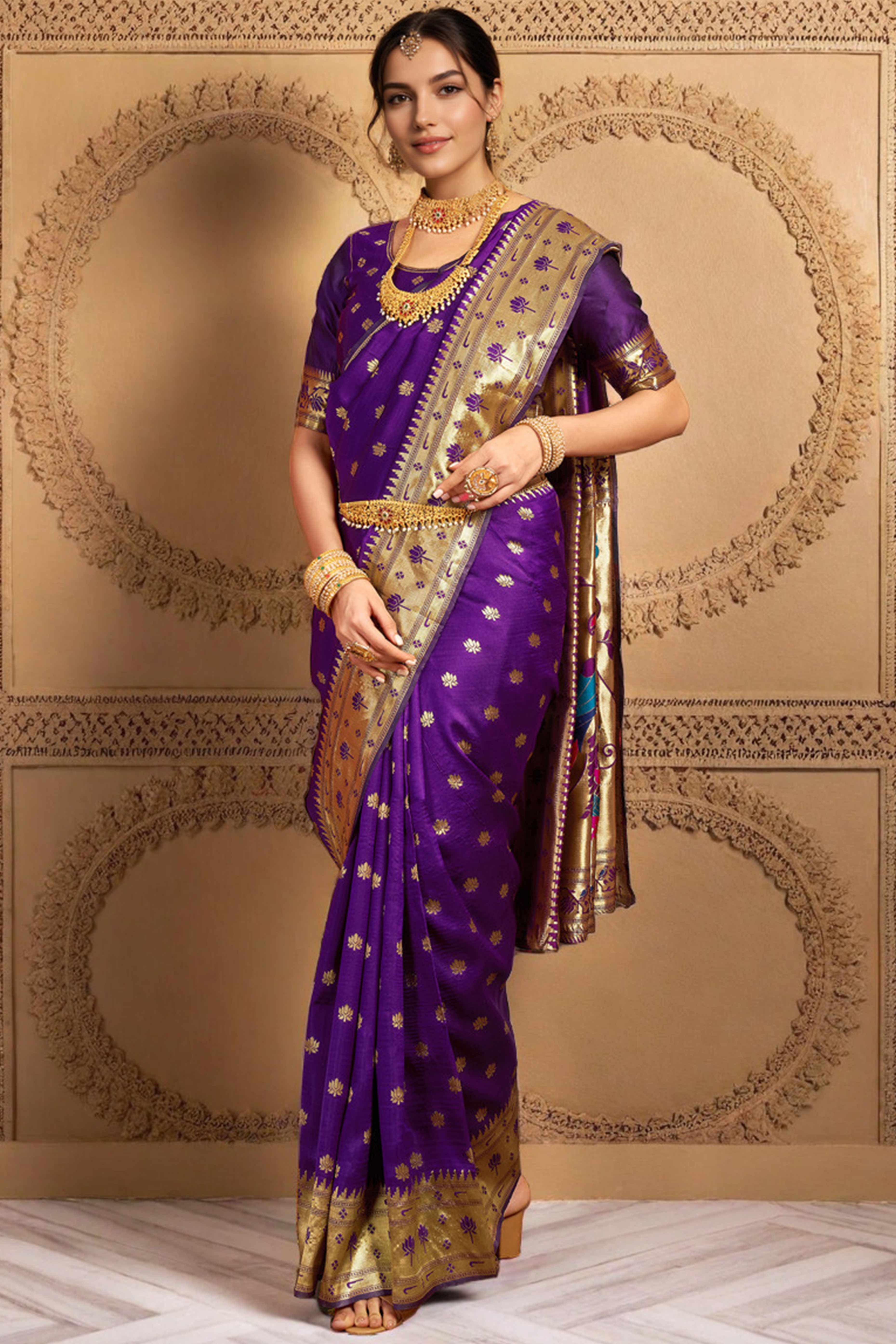 Purple Weaving Silk Blend Paithani Saree With Floral & Parrot Motif Pallu