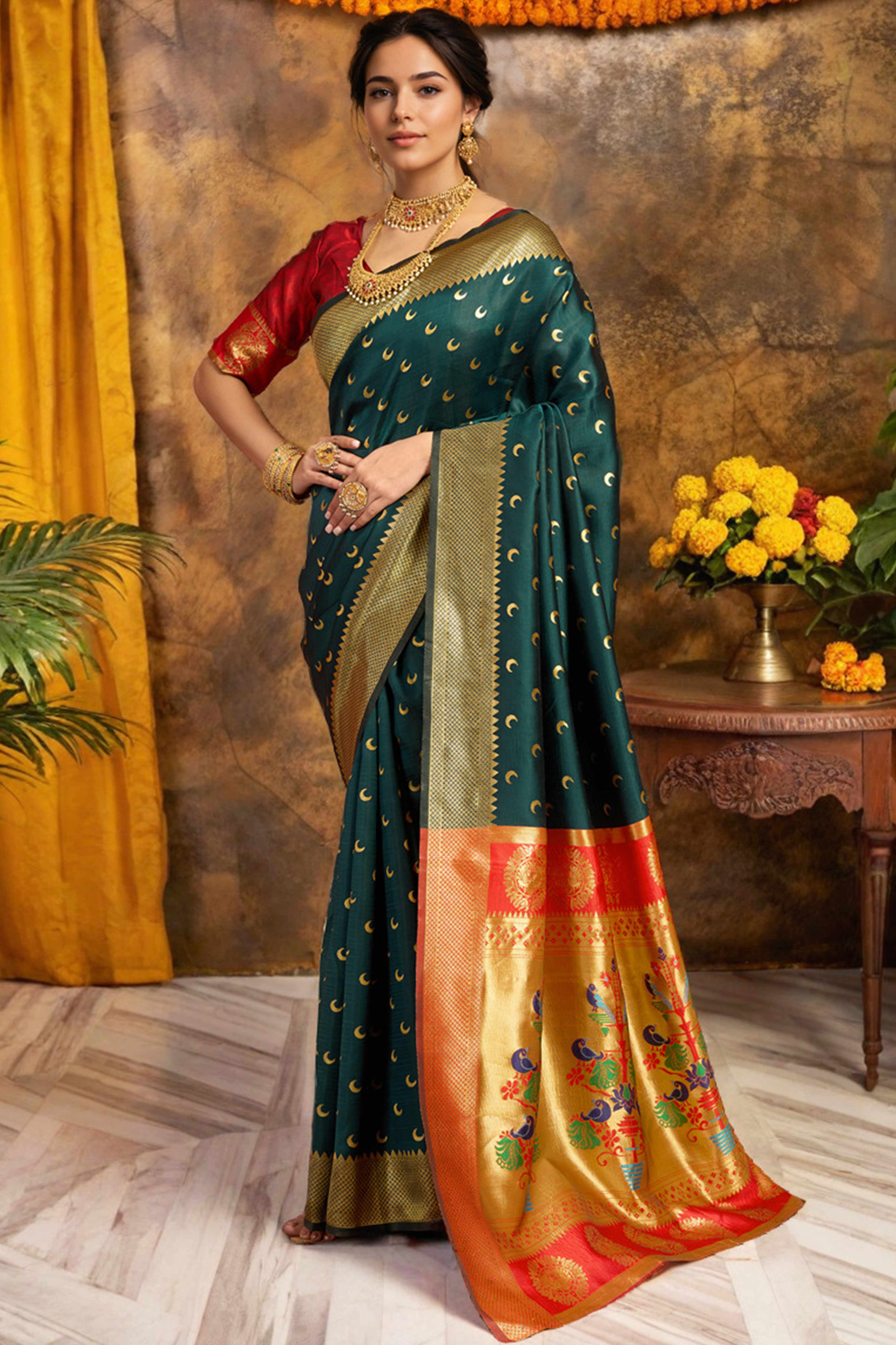 Green Chandrakor Paithani Silk Blend Saree With Intricate Zari Weaving