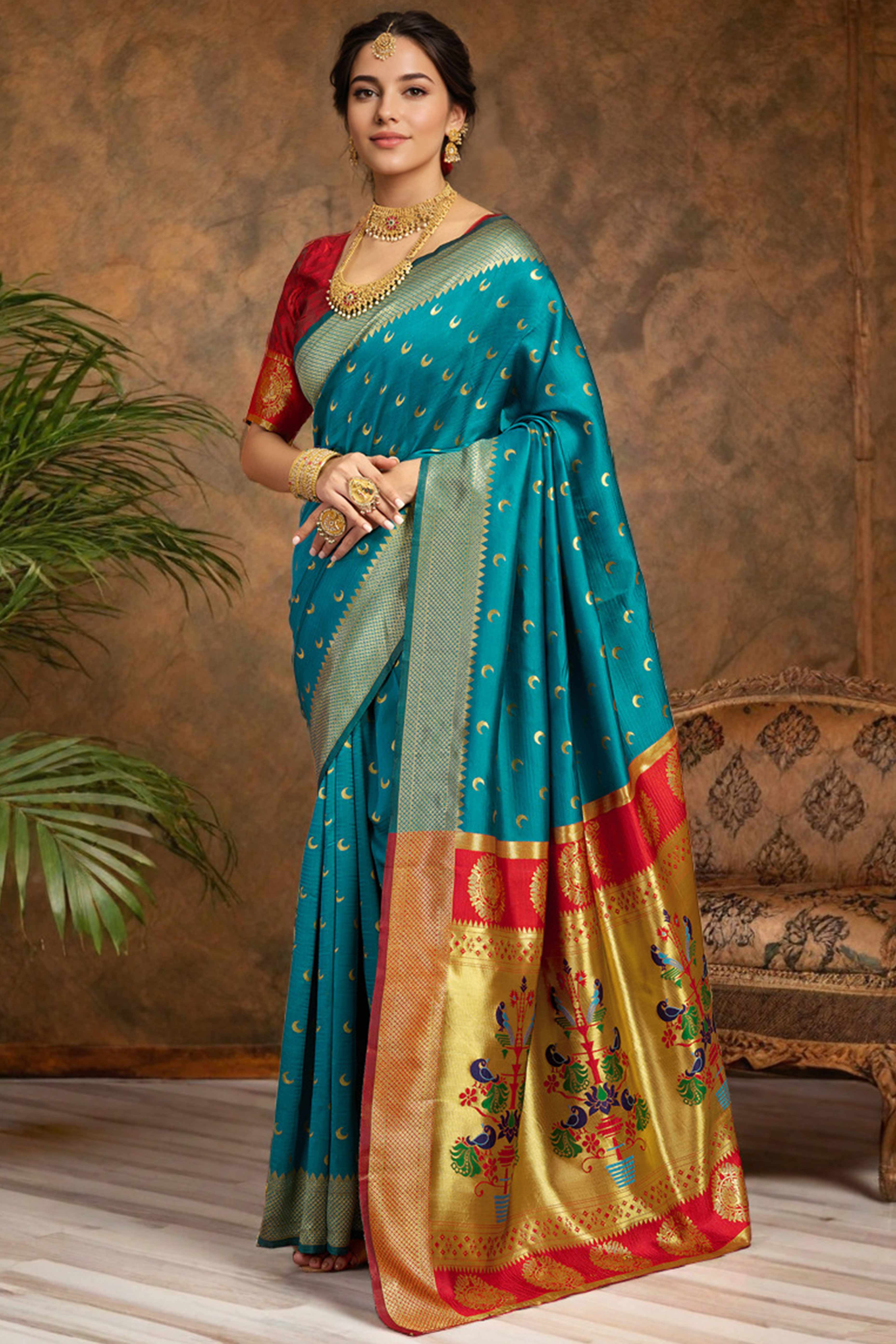 Rama Blue Chandrakor Paithani Silk Blend Saree With Intricate Zari Weaving