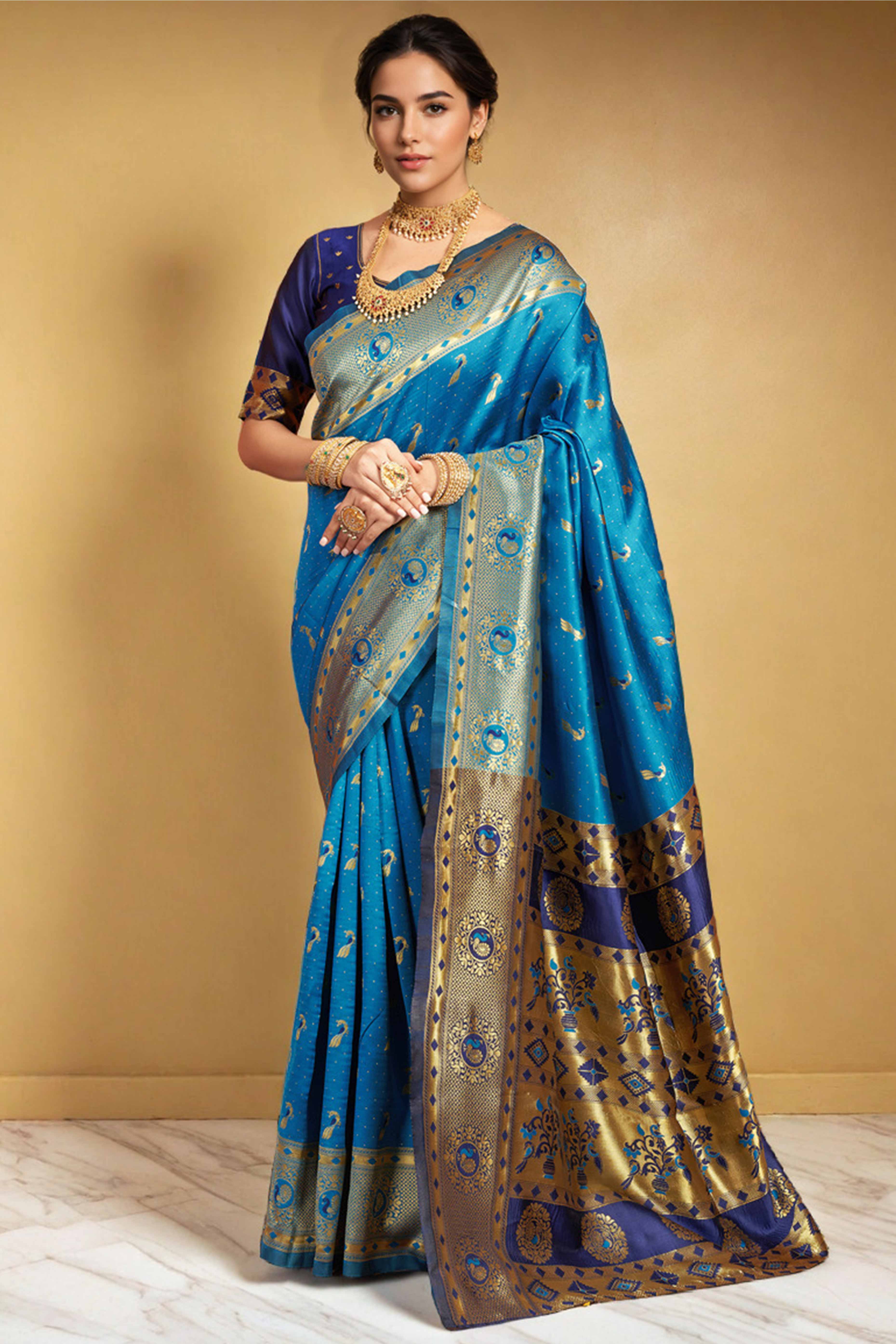 Blue Paithani Silk Blend Saree Featuring Intricate Zari Peacock & Floral Weaving