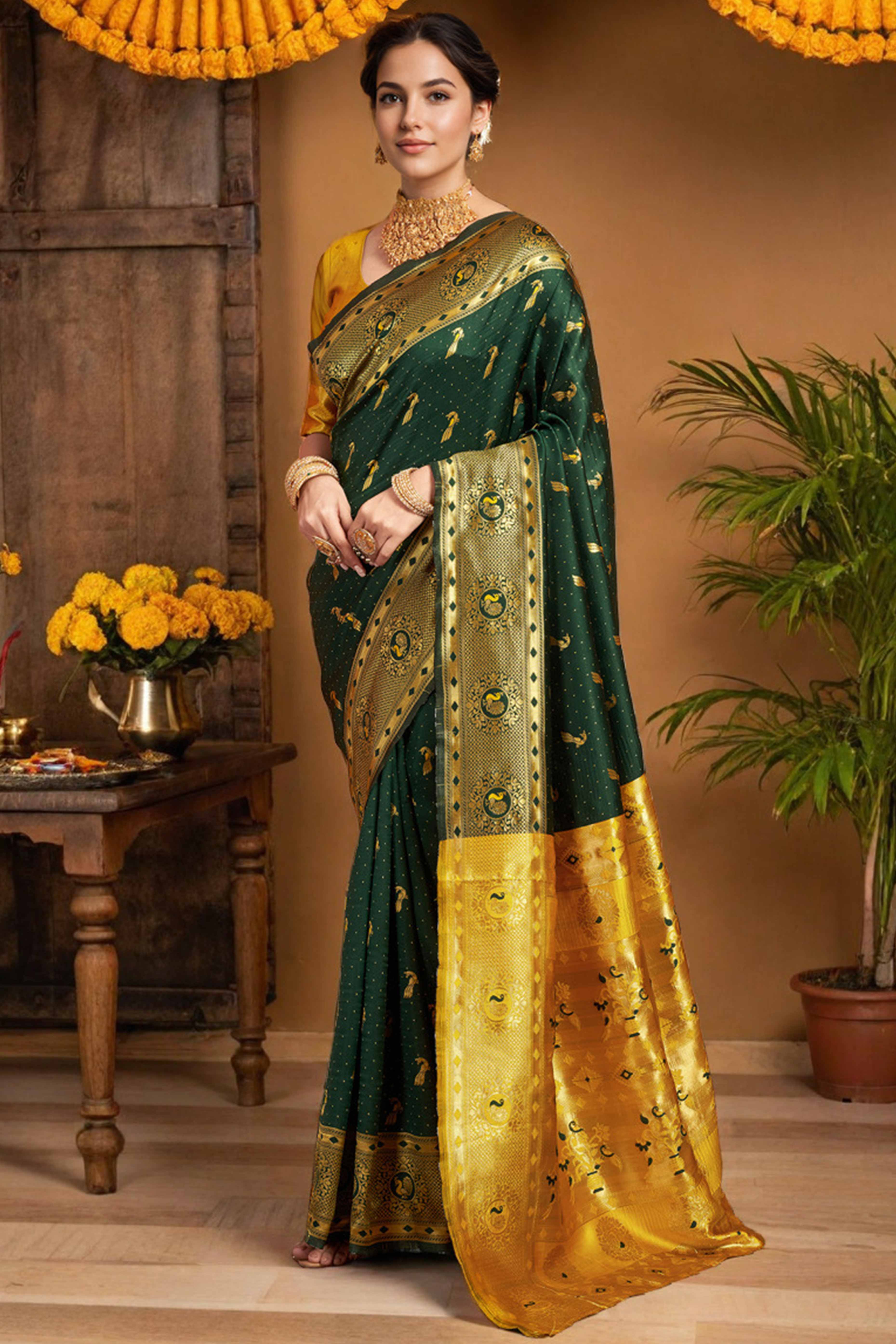 Green Paithani Silk Blend Saree Featuring Intricate Zari Peacock & Floral Weaving
