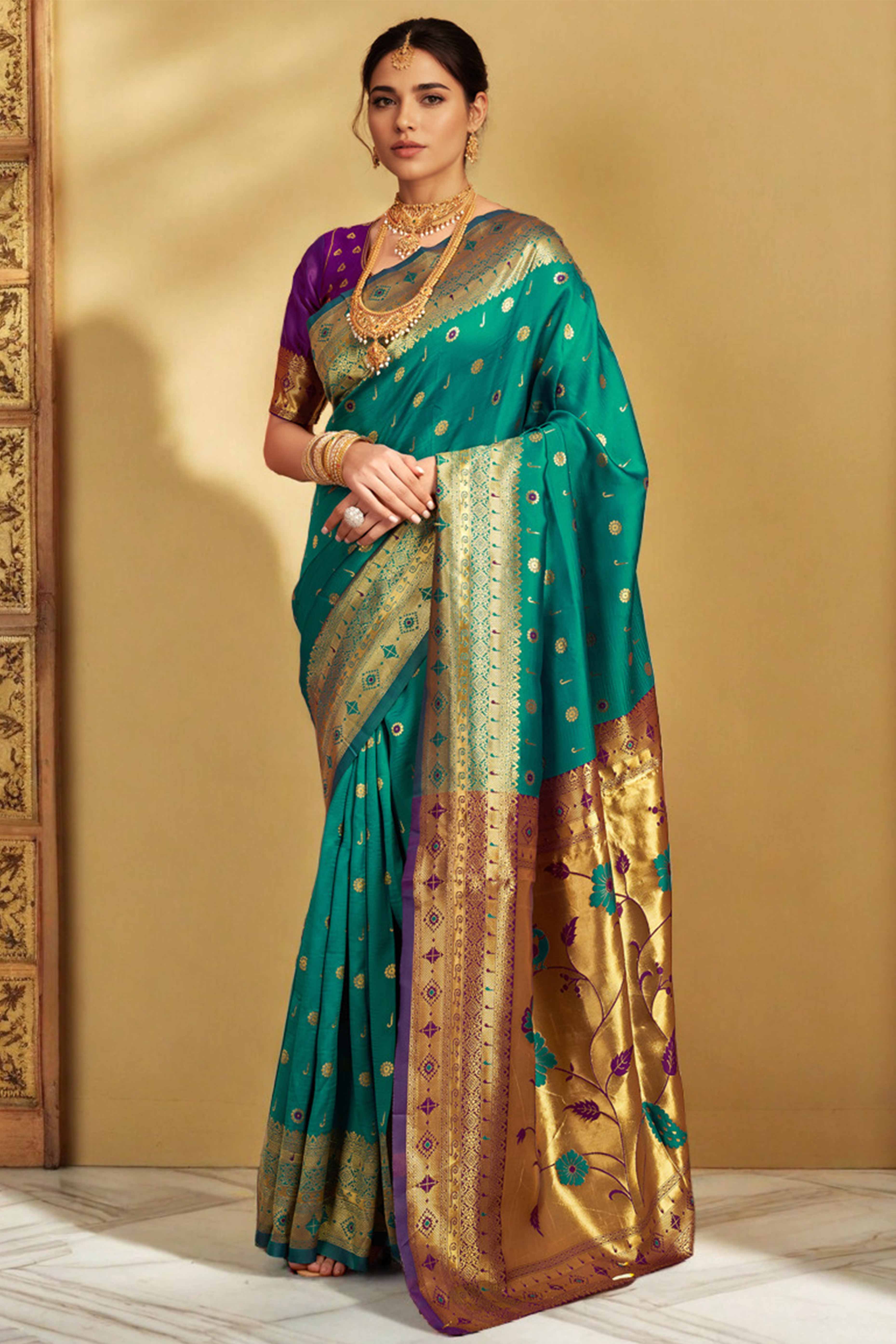 Rama Green Silk Blend Saree With Traditional Paithani Zari Weaving Of Peacock & Floral Designs