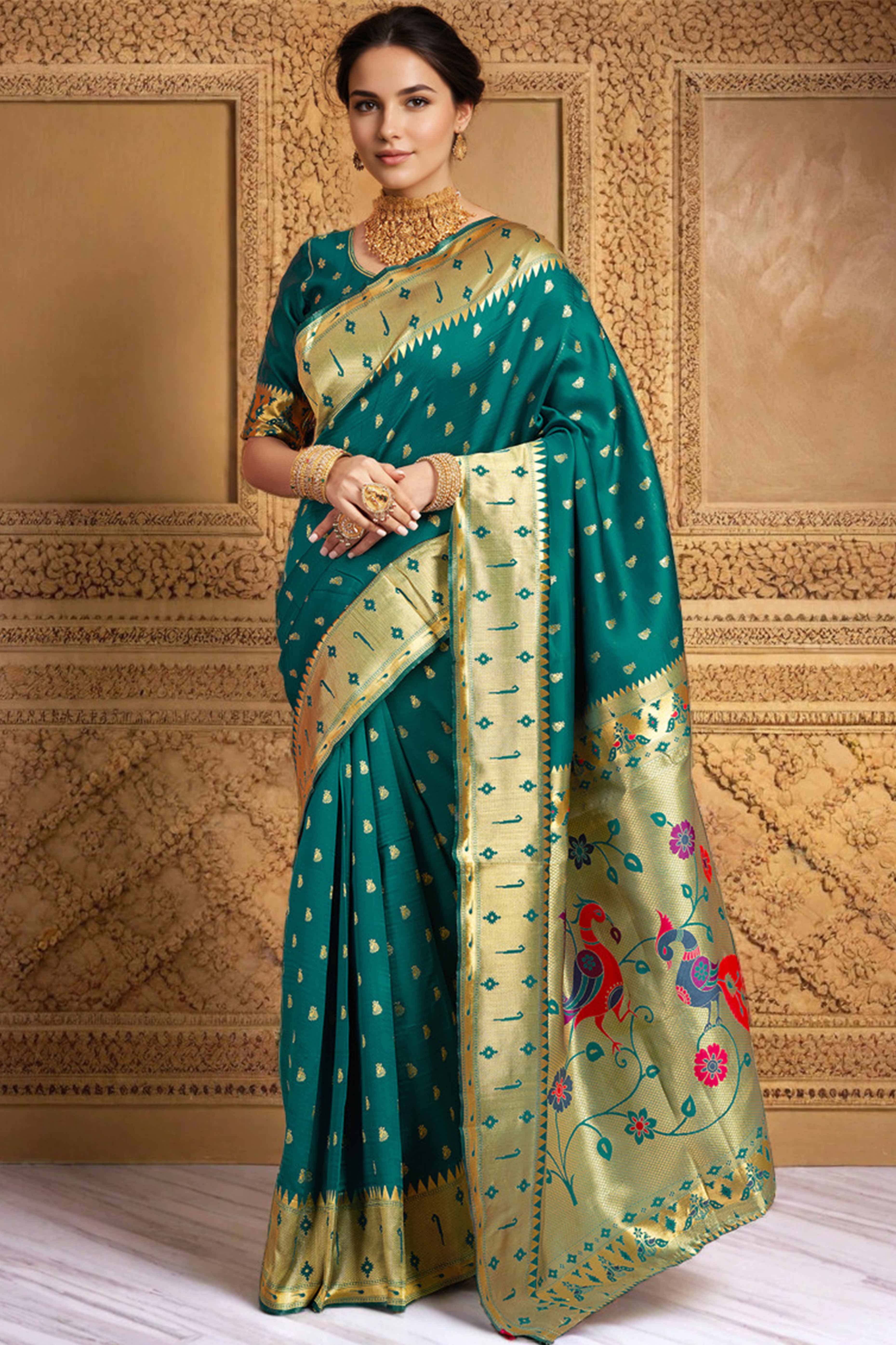 Teal Green Paithani Saree In Silk Blend Highlighted With Zari Woven Peacock & Floral Motifs