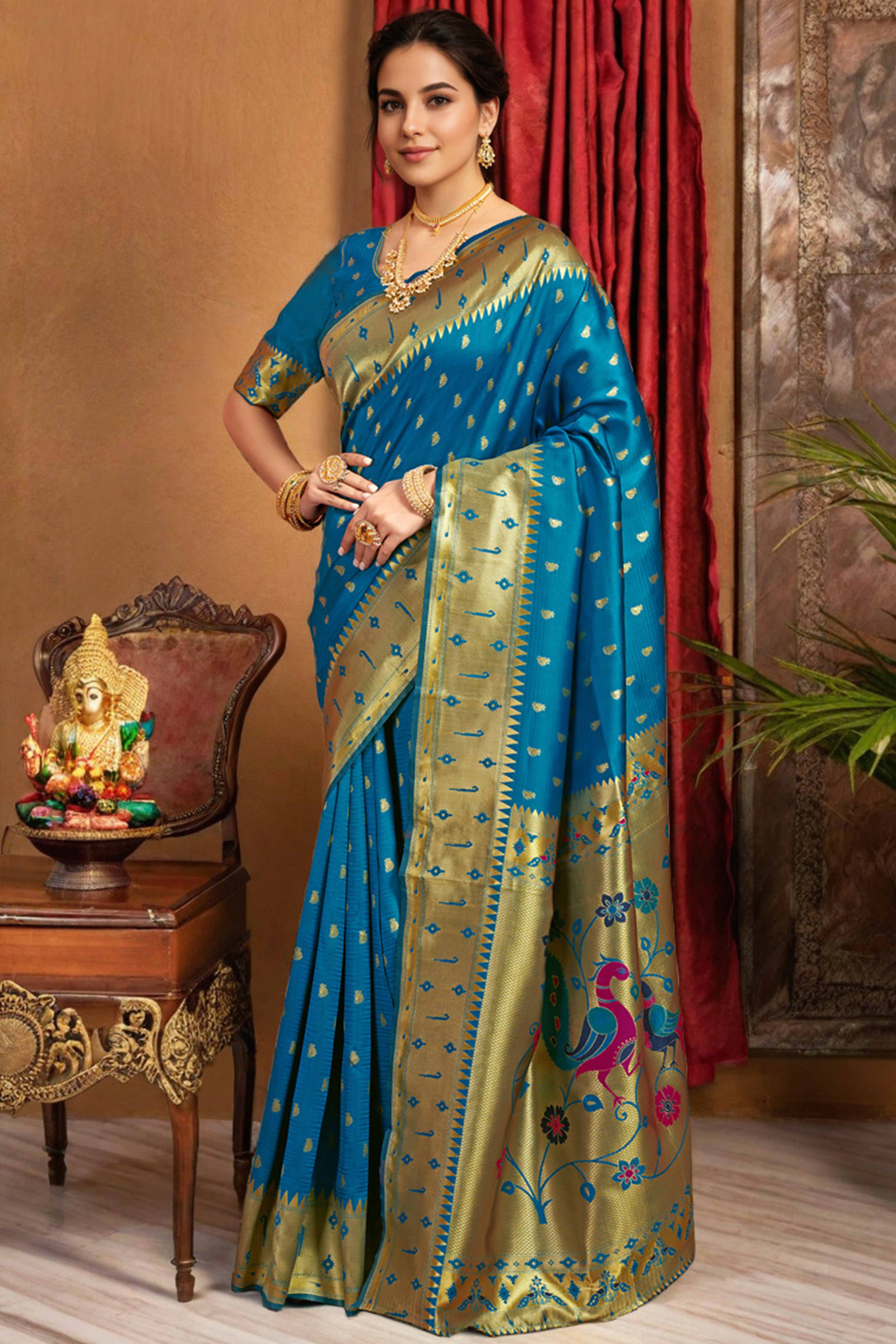 Blue Paithani Saree In Silk Blend Highlighted With Zari Woven Peacock & Floral Motifs