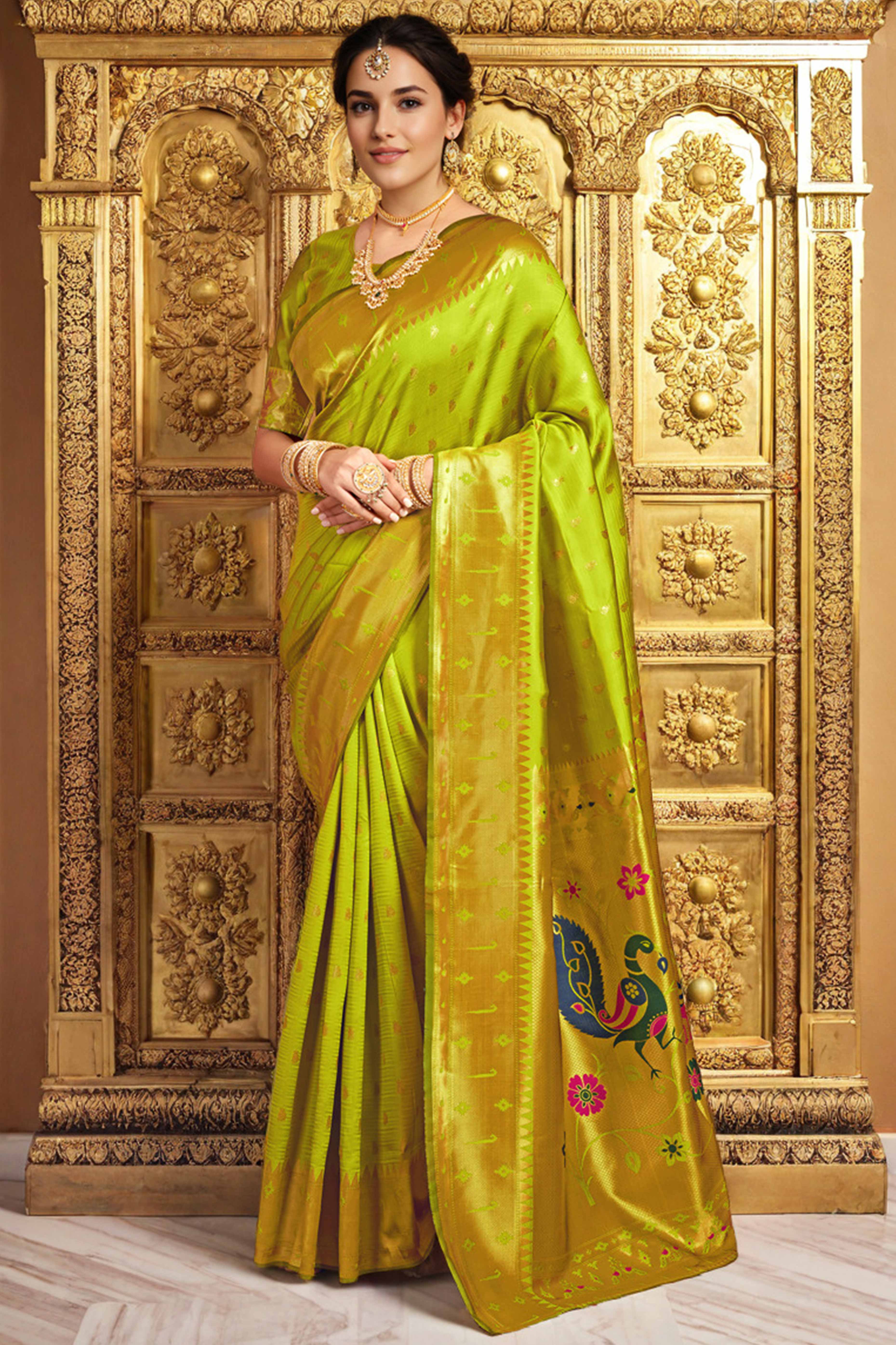 Lime Green Paithani Saree In Silk Blend Highlighted With Zari Woven Peacock & Floral Motifs