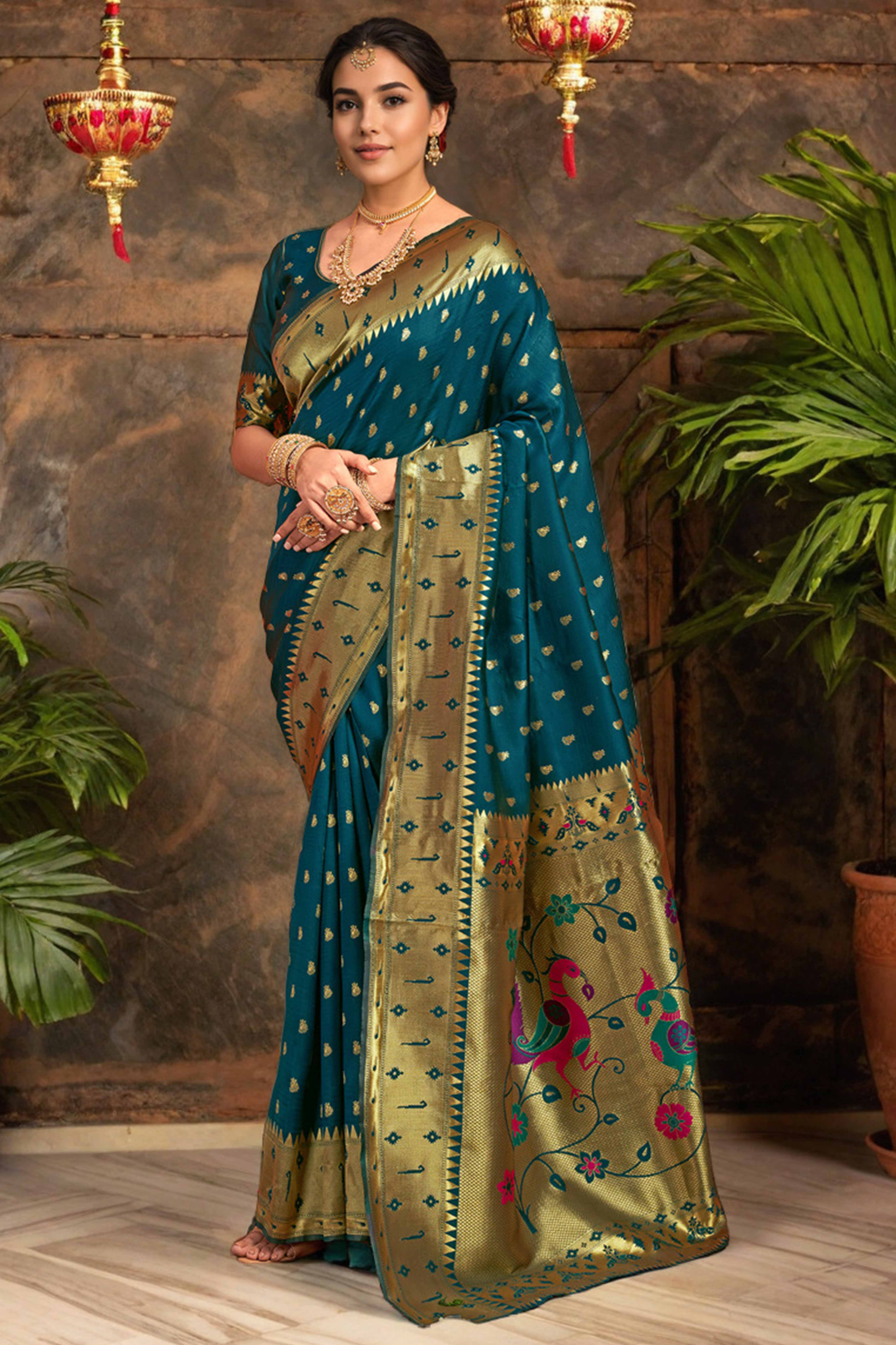 Deep Teal Blue Paithani Saree In Silk Blend Highlighted With Zari Woven Peacock & Floral Motifs