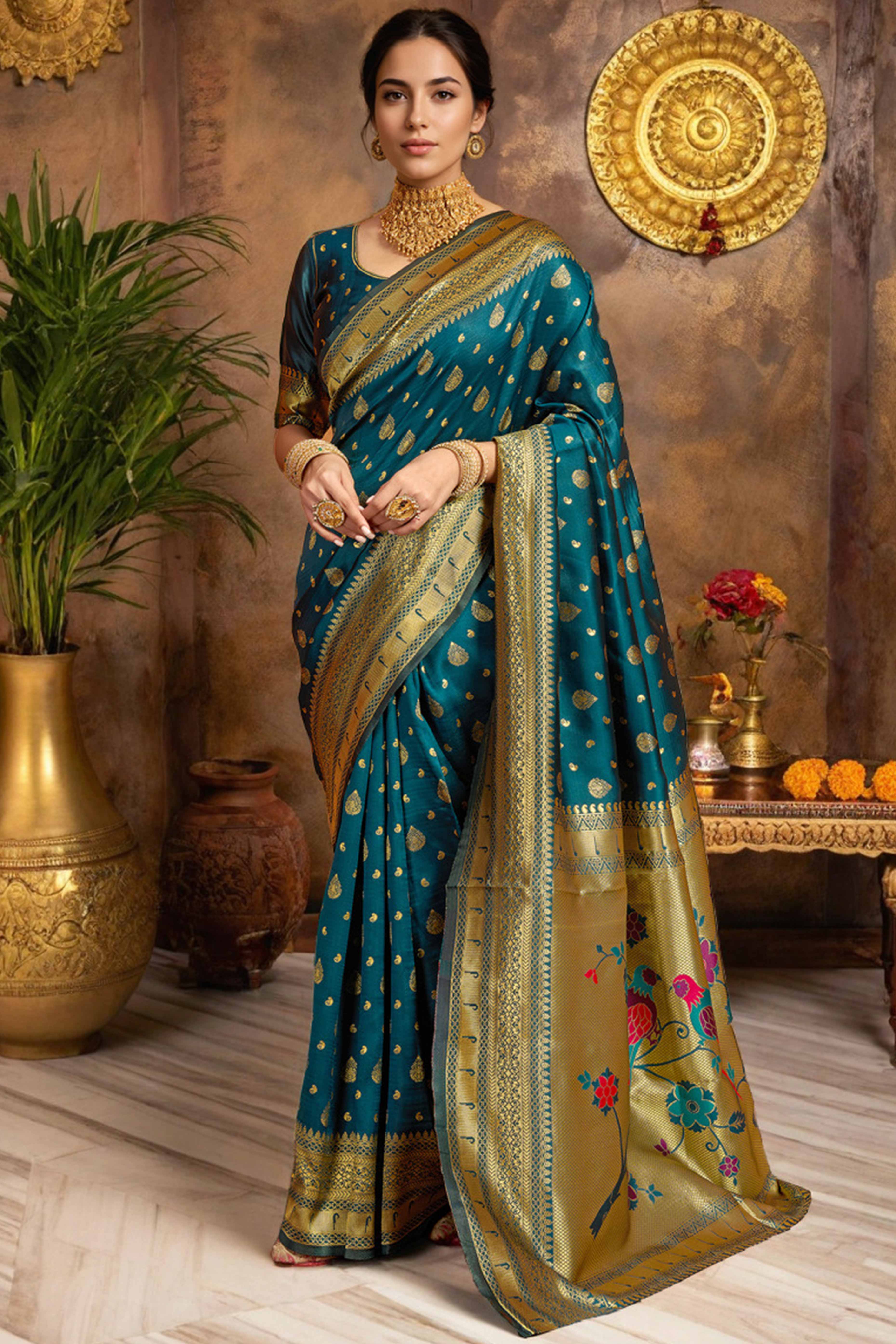 Morpich Blue Silk Blend Paithani Saree Showcasing Rich Zari Weaving With Birds & Floral Accents