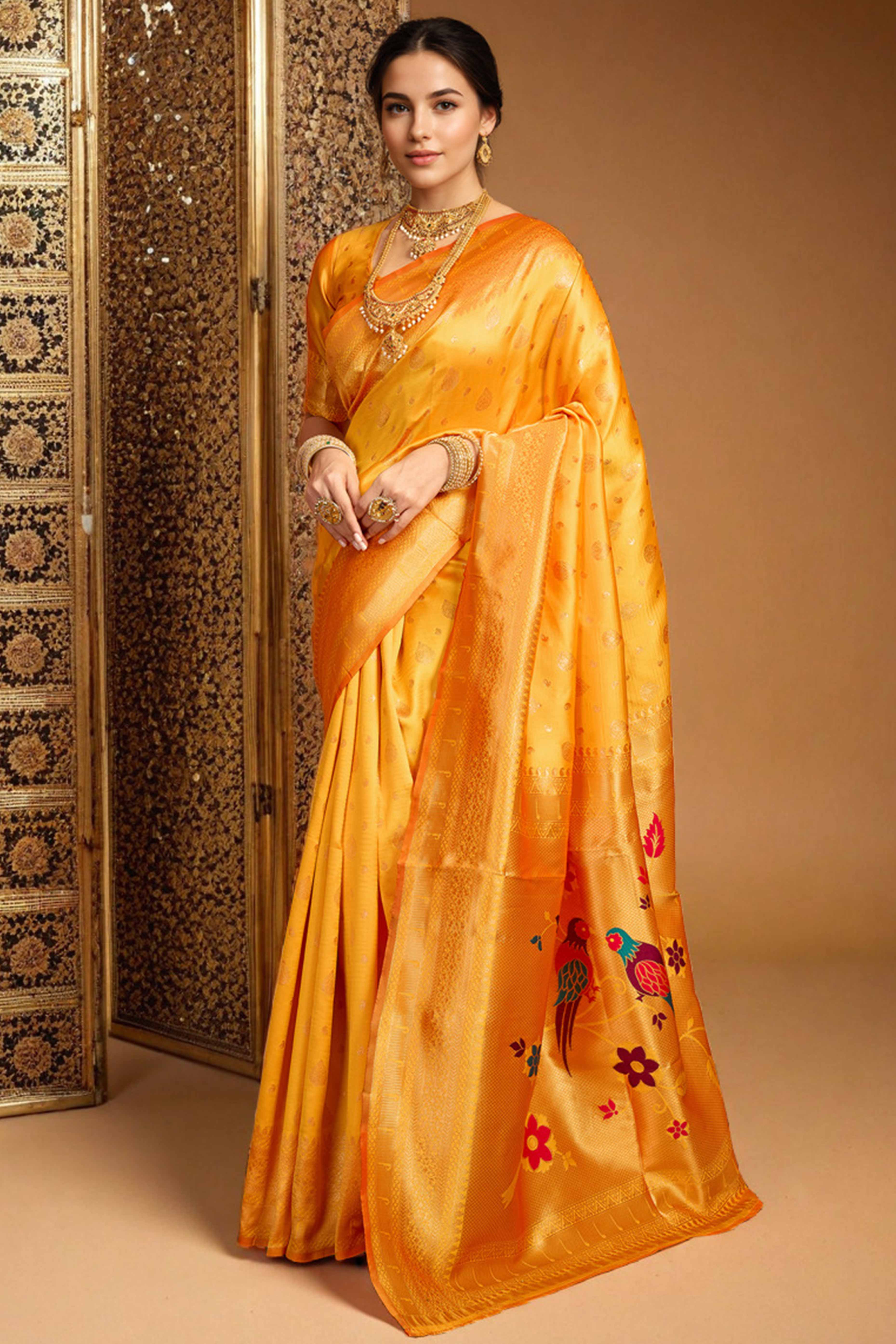 Orange Silk Blend Paithani Saree Showcasing Rich Zari Weaving With Birds & Floral Accents