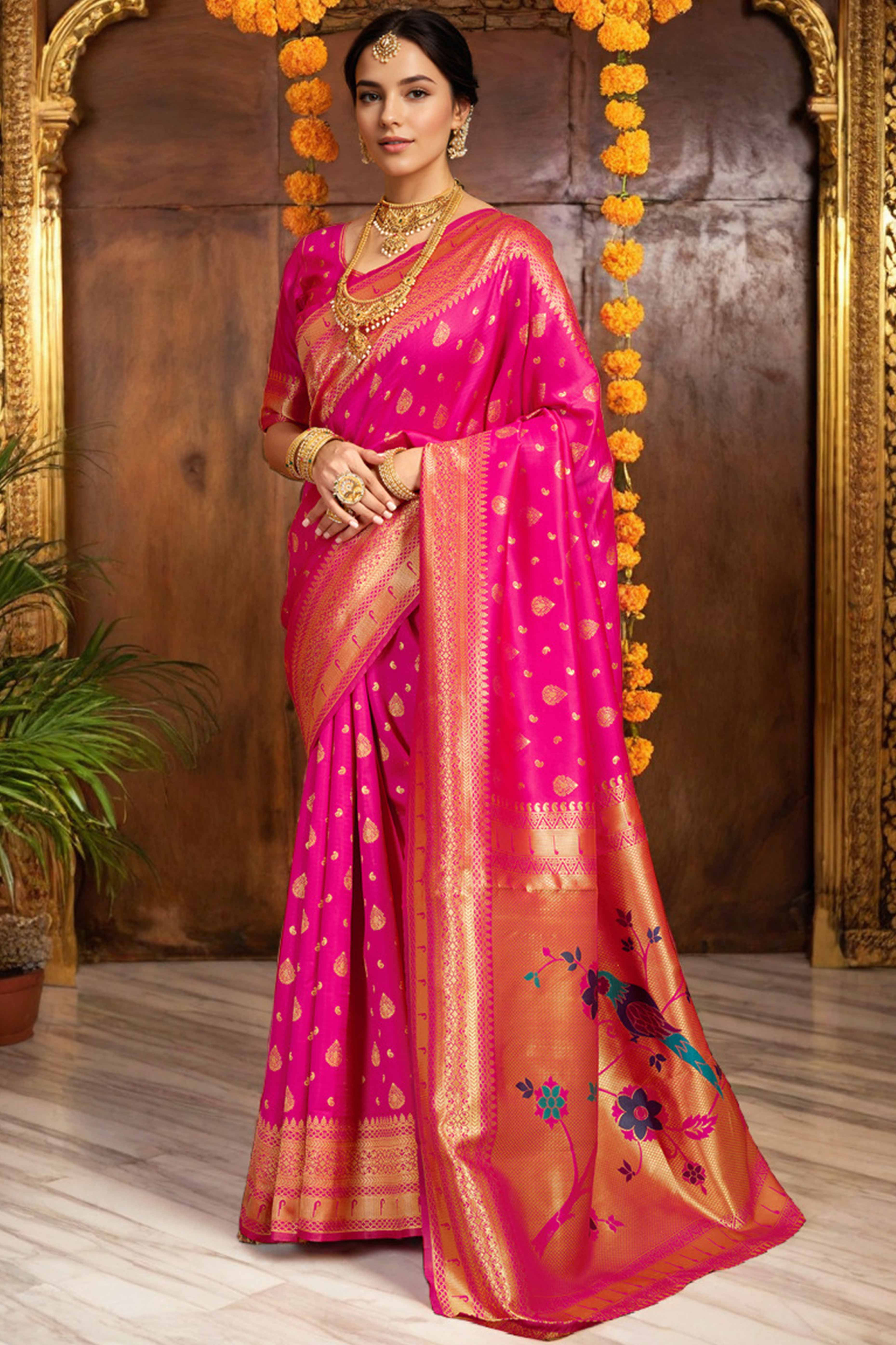 Pink Silk Blend Paithani Saree Showcasing Rich Zari Weaving With Birds & Floral Accents