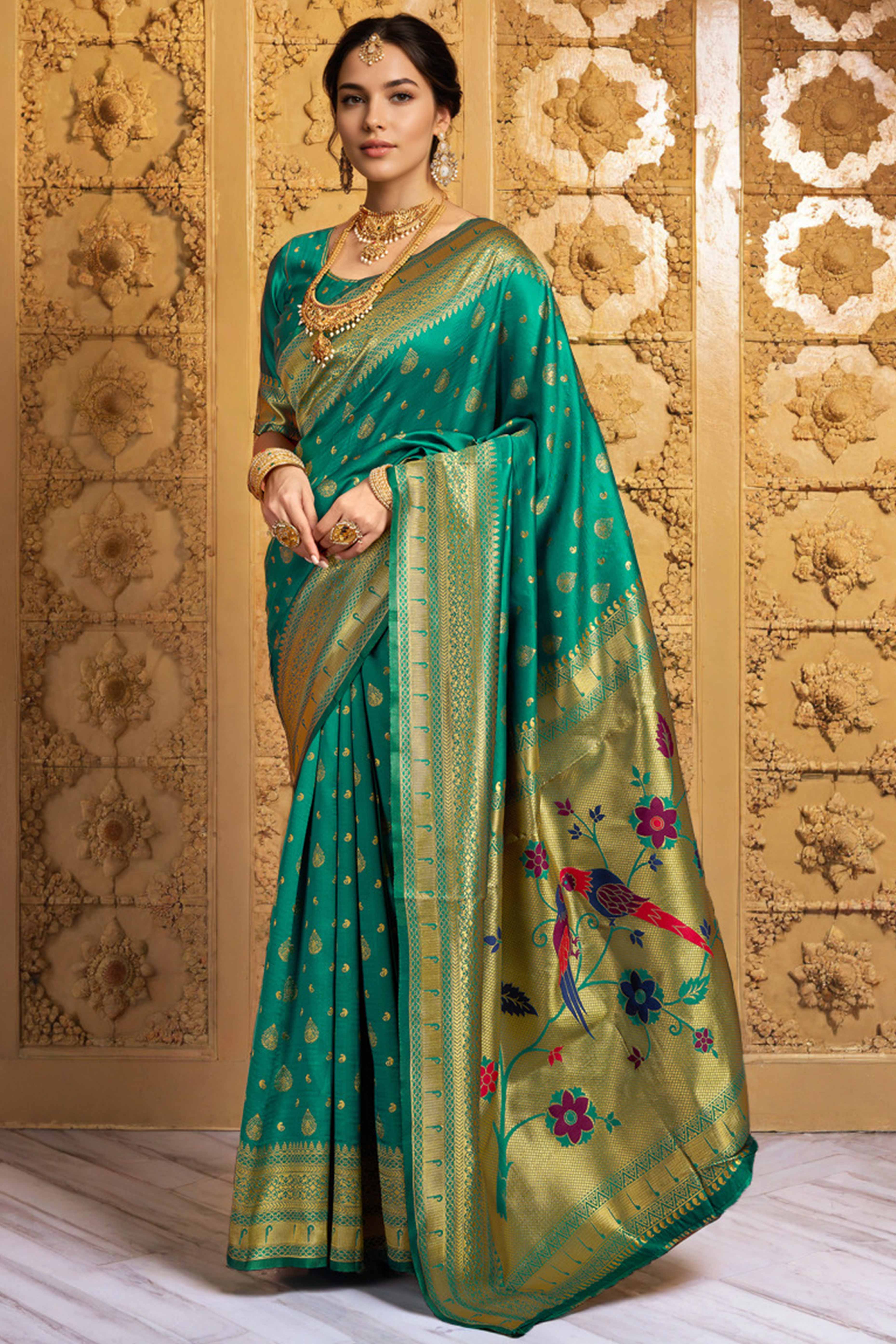 Rama Green Silk Blend Paithani Saree Showcasing Rich Zari Weaving With Birds & Floral Accents