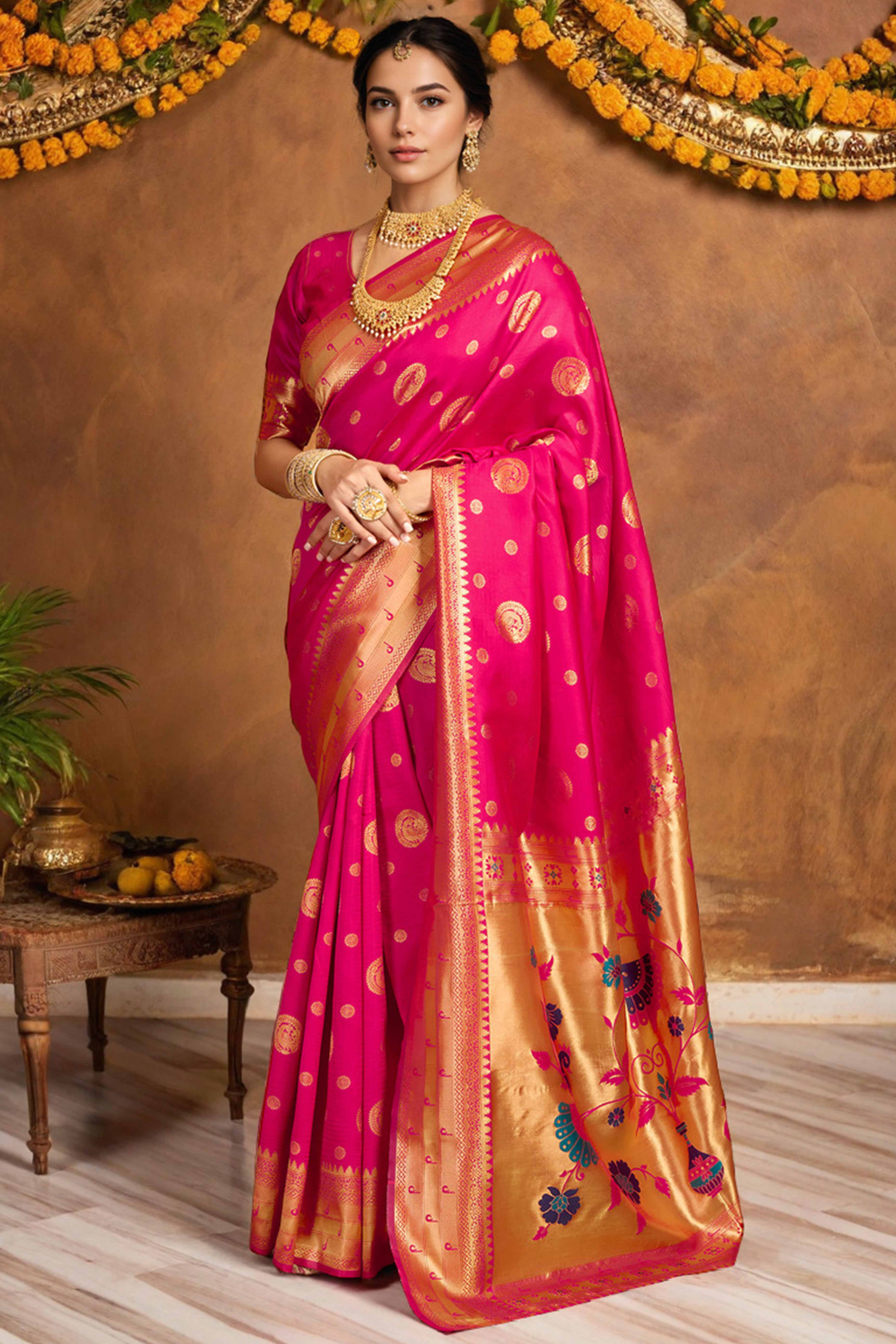 Pink Paithani Silk Blend Saree Embellished With Zari Peacock & Floral Woven Patterns