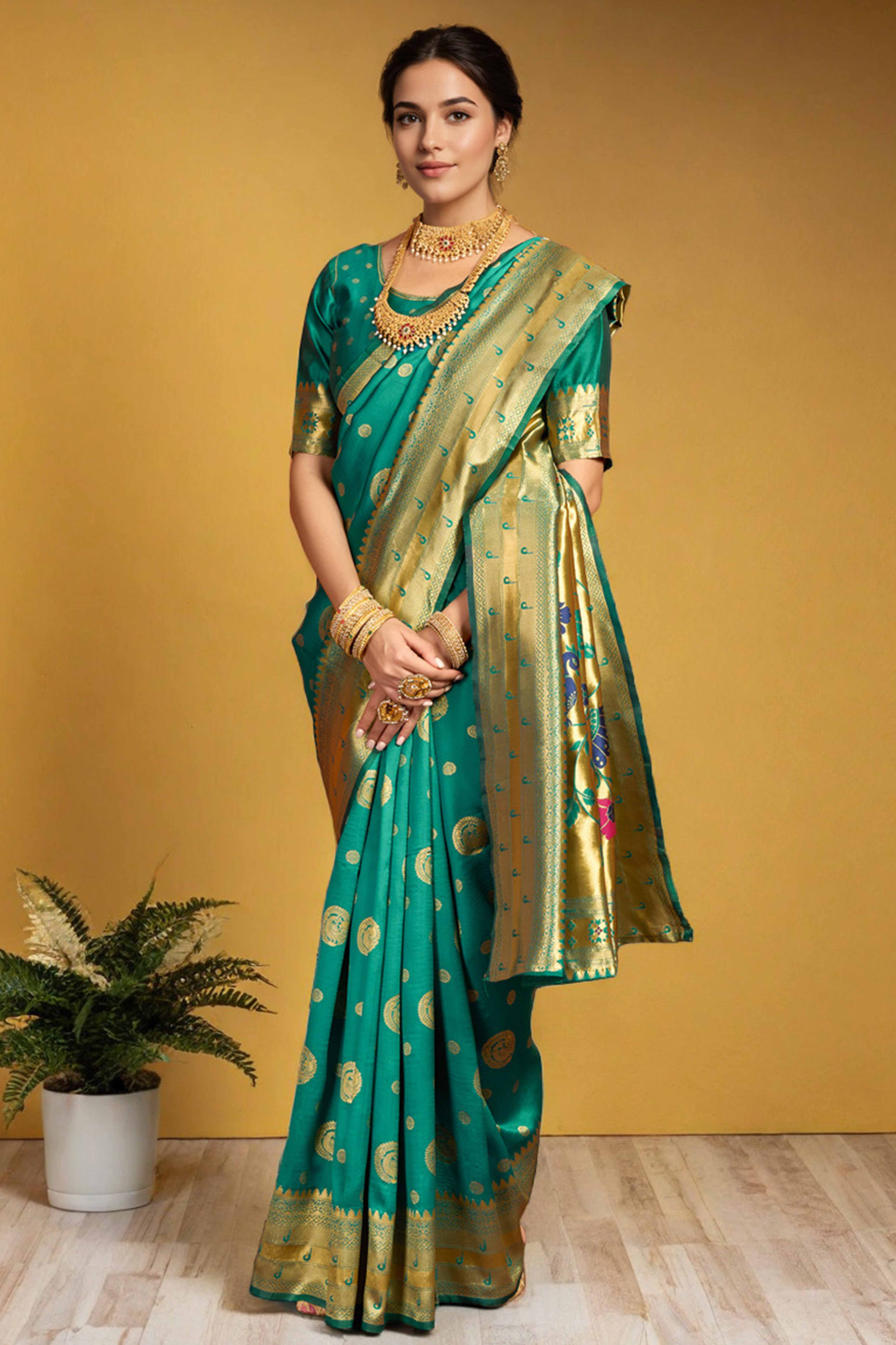 Rama Green Paithani Silk Blend Saree Embellished With Zari Peacock & Floral Woven Patterns