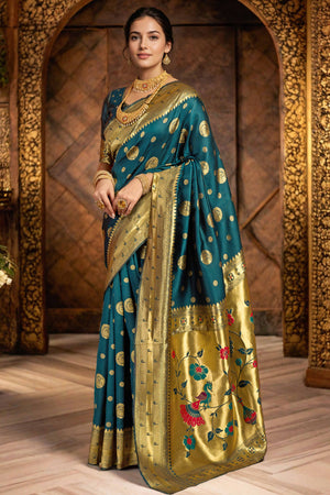 Teal Paithani Silk Blend Saree Embellished With Zari Peacock & Floral Woven Patterns