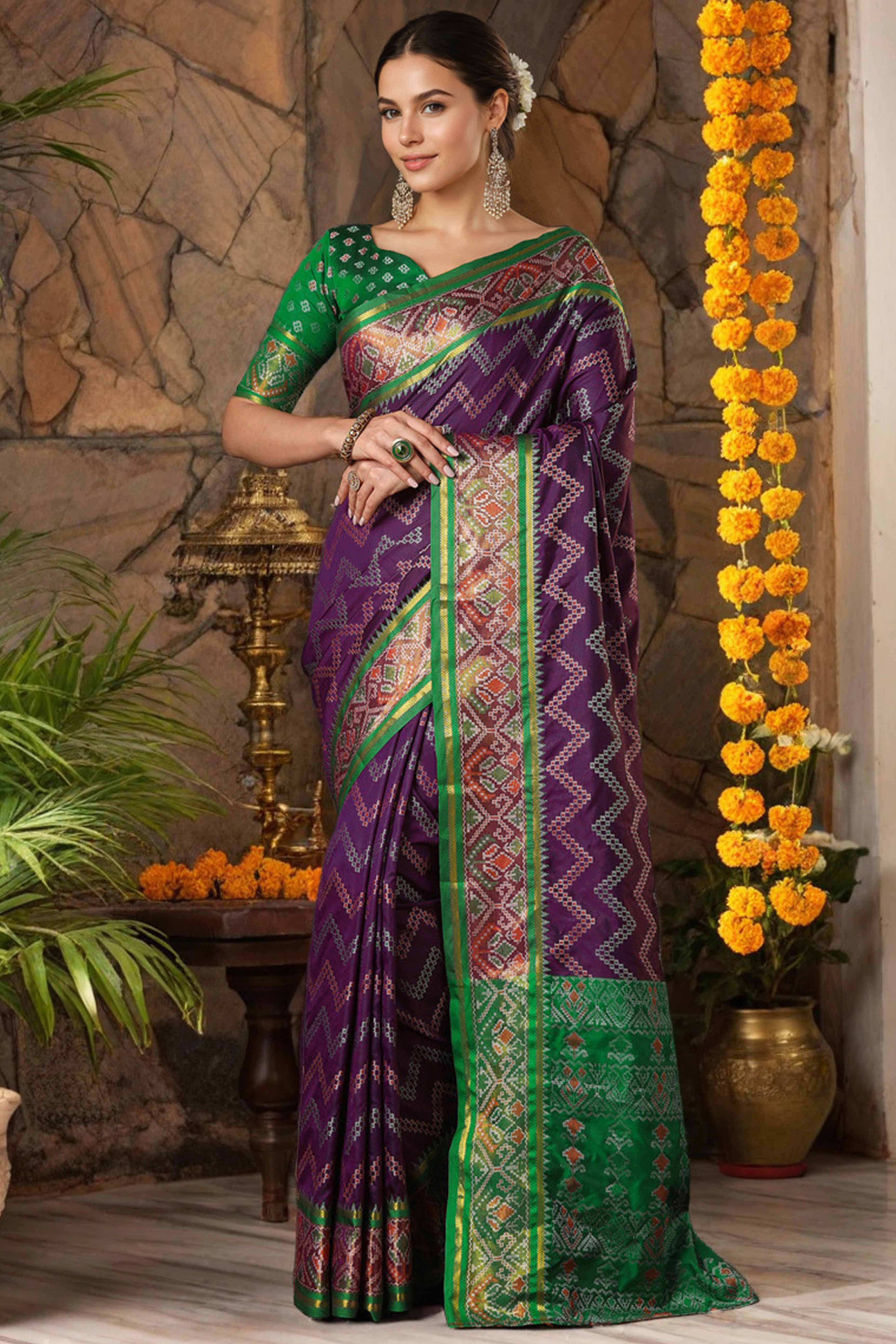 Purple Silk Blend Saree With Traditional Zig Zag Patola Weaving & Tassel Pallu