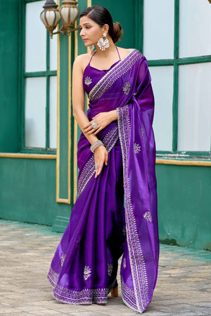 Violet Partywear Saree in Shimmer Chiffon with Sequins Embroidery