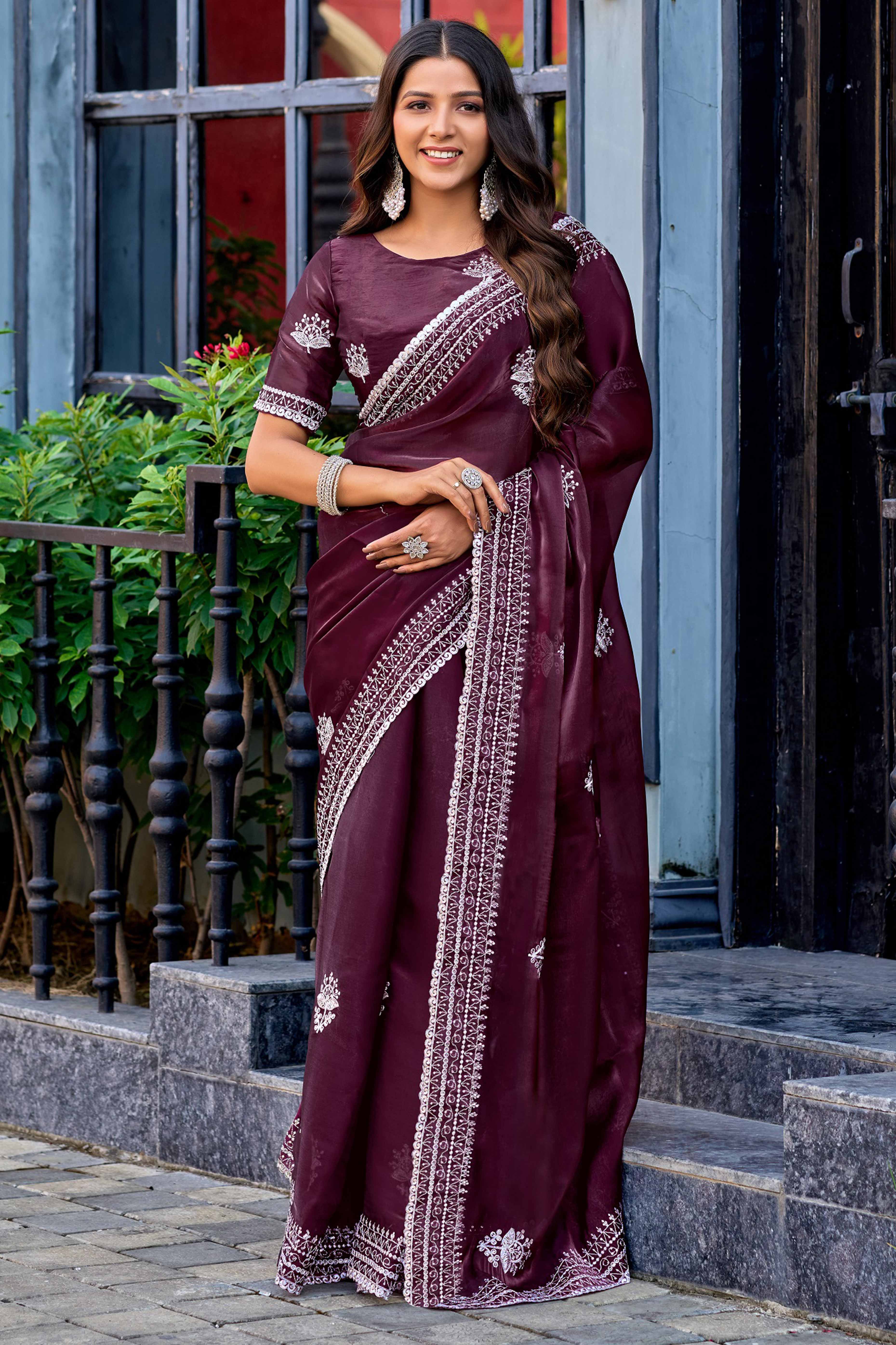 Coffee Brown Partywear Saree in Shimmer Chiffon with Sequins Embroidery