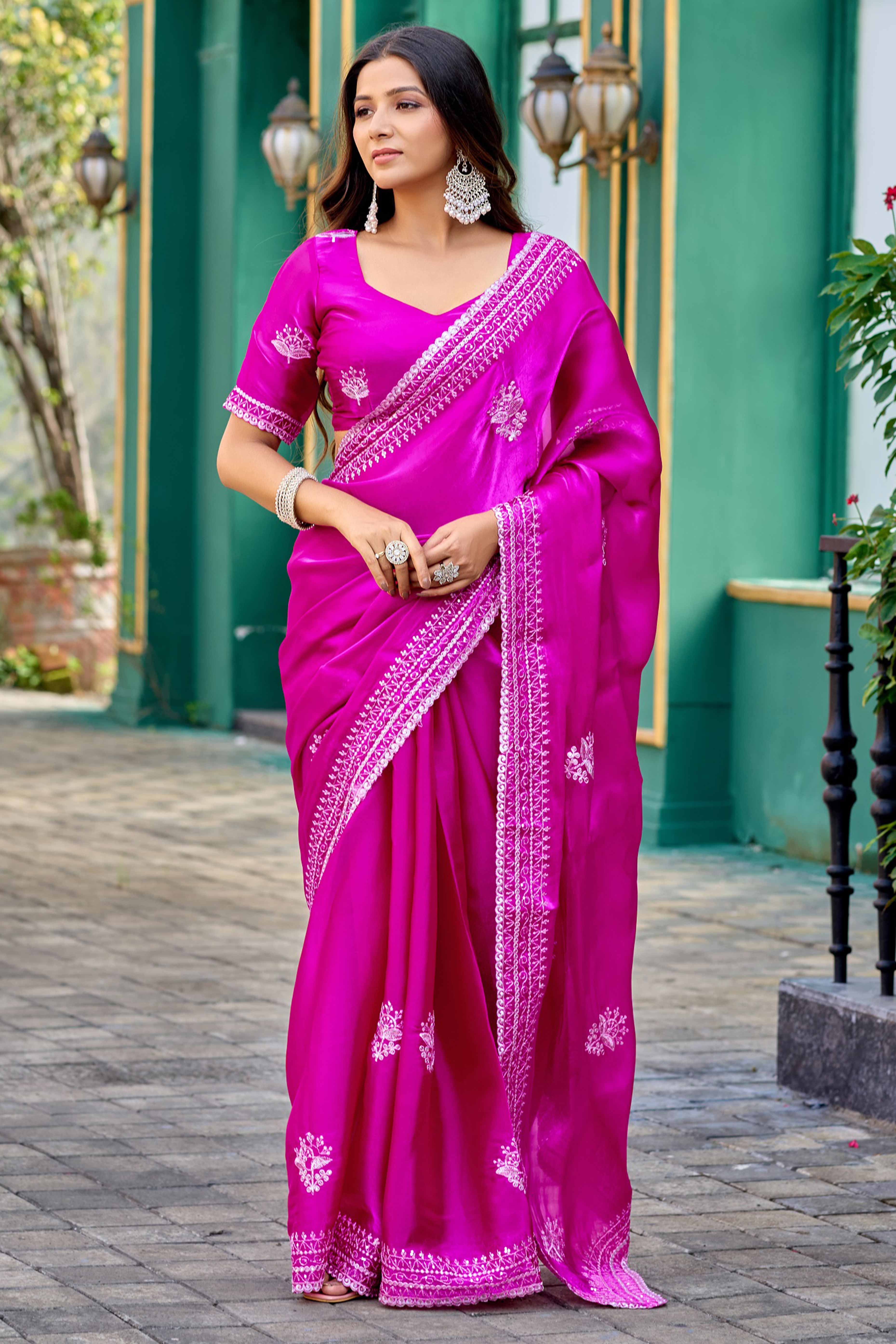 Magenta Partywear Saree in Shimmer Chiffon with Sequins Embroidery
