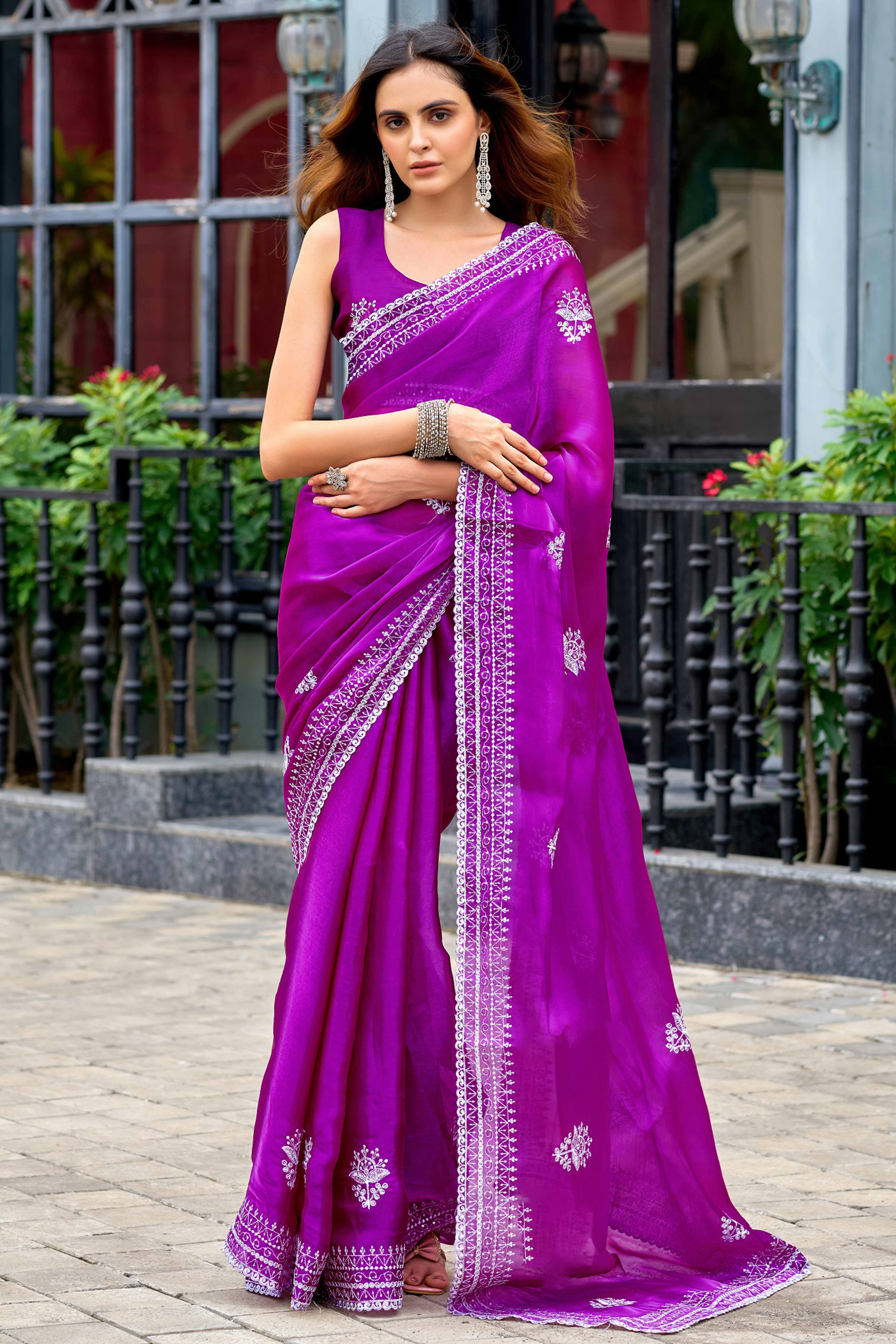 Purple Partywear Saree in Shimmer Chiffon with Sequins Embroidery