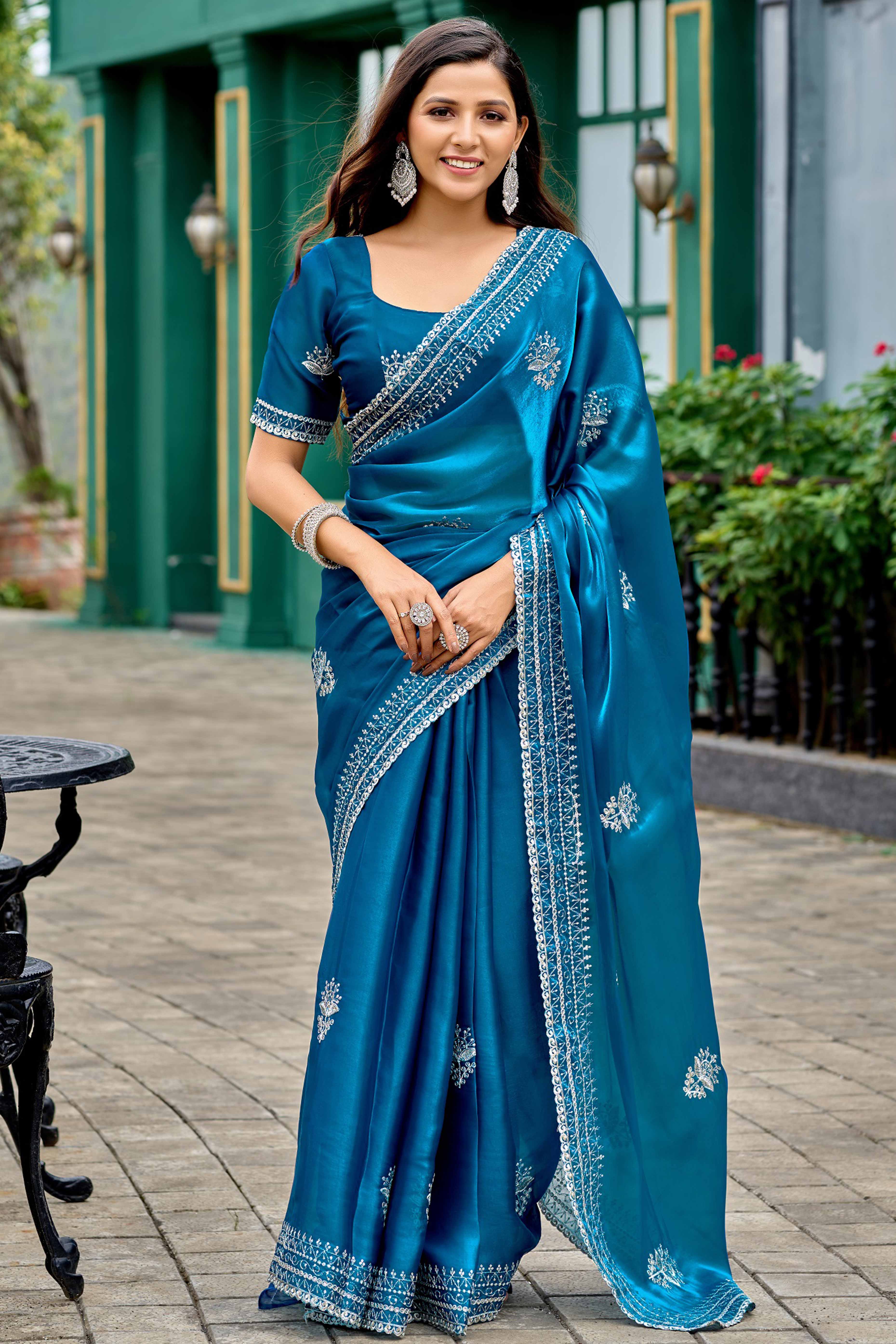 Teal Partywear Saree in Shimmer Chiffon with Sequins Embroidery