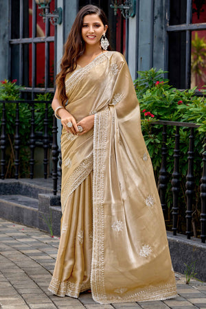 Beige Partywear Saree in Shimmer Chiffon with Sequins Embroidery