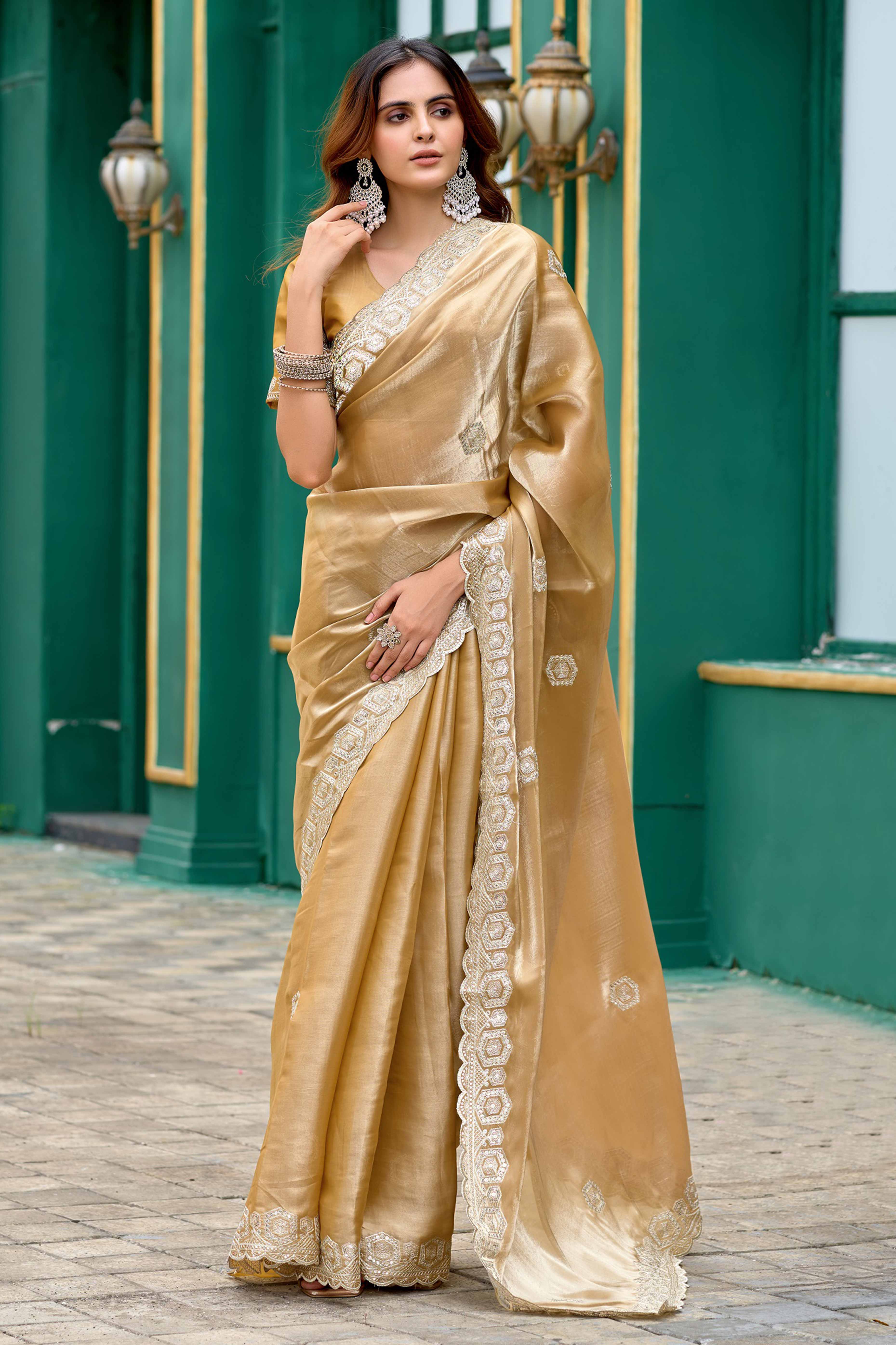Shimmering Beige Chiffon Saree with Delicate Sequins Work