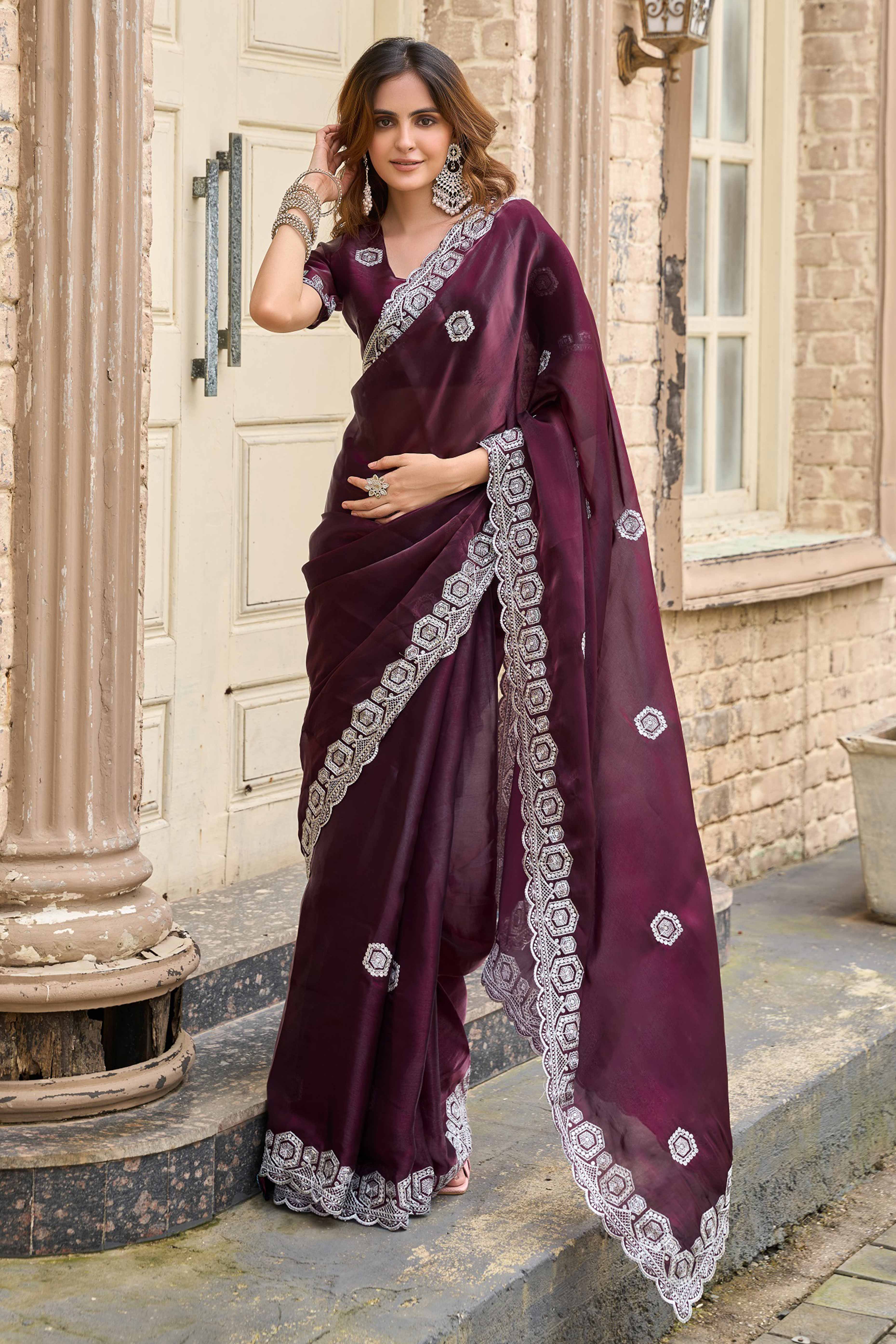 Shimmering Wine Chiffon Saree with Delicate Sequins Work