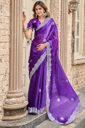 Shimmering Violet Chiffon Saree with Delicate Sequins Work