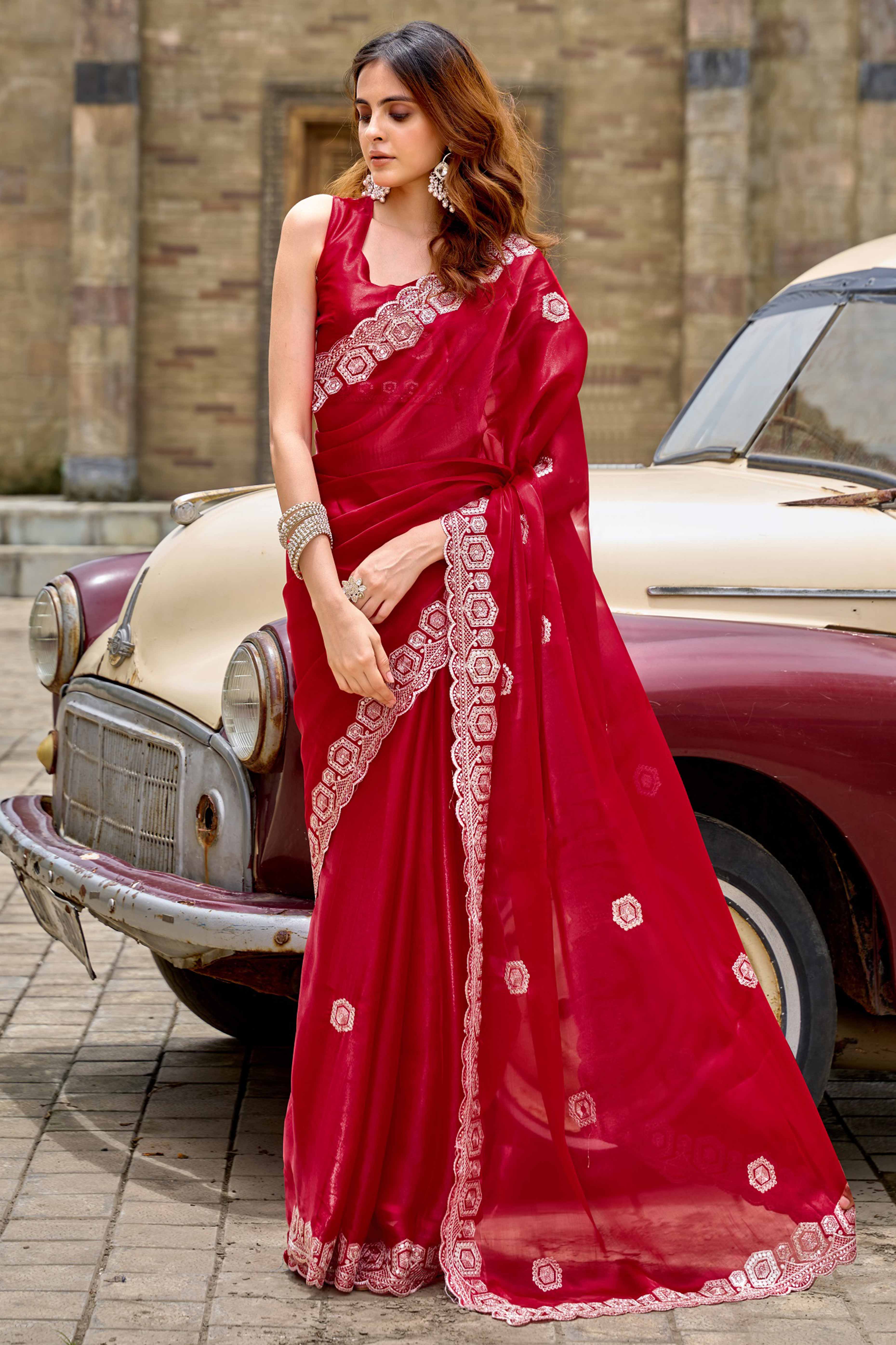 Shimmering Red Chiffon Saree with Delicate Sequins Work