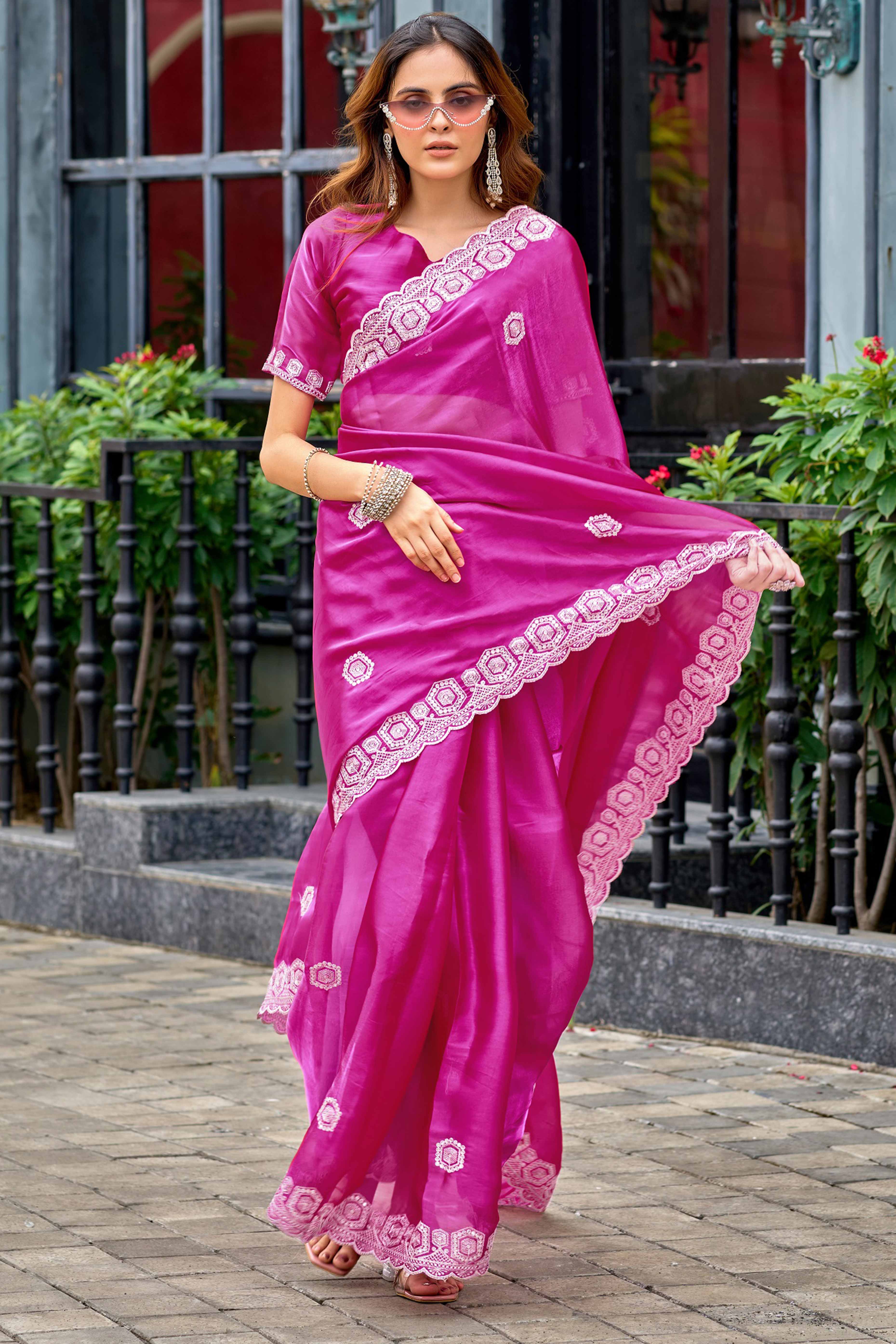 Shimmering Pink Chiffon Saree with Delicate Sequins Work