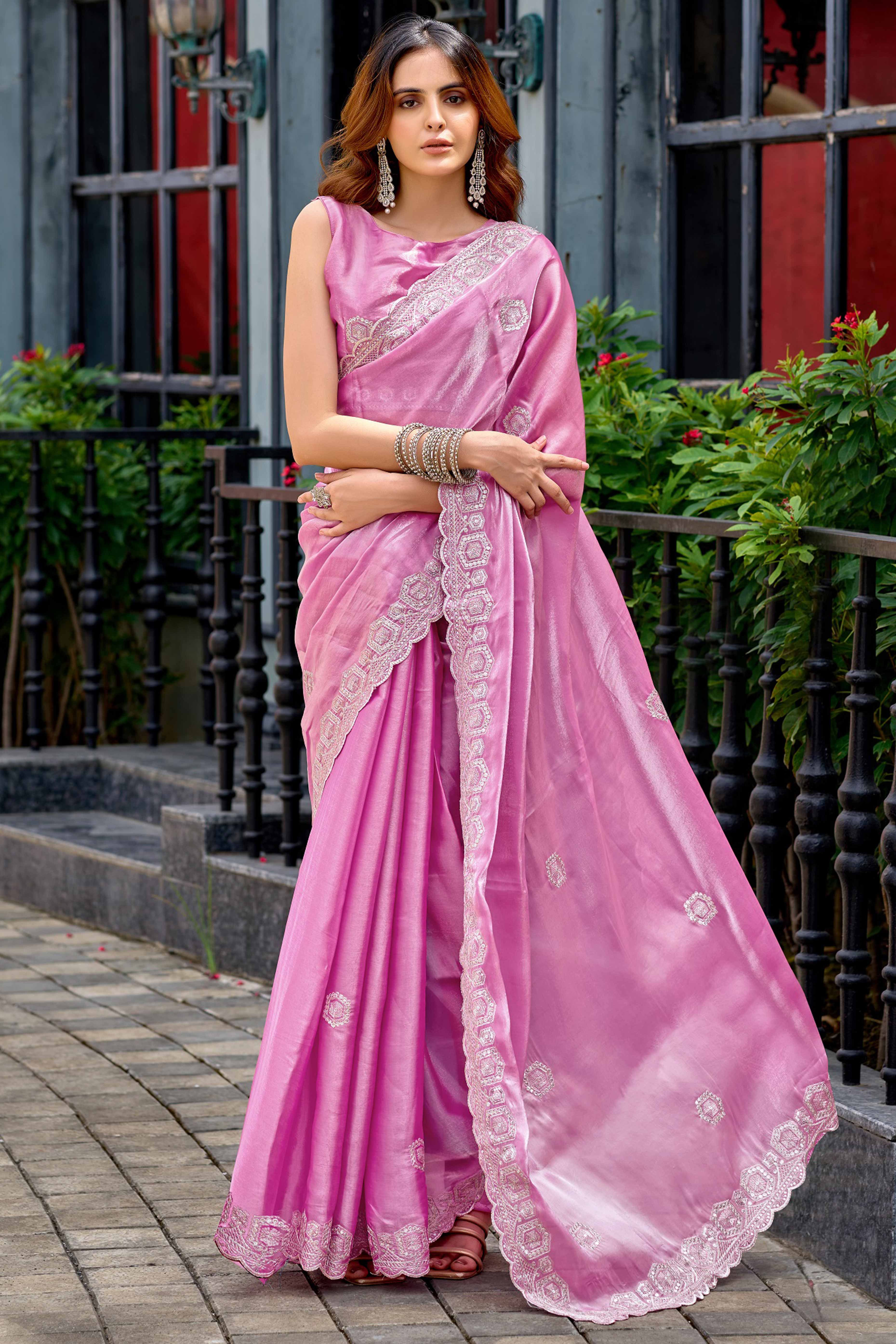 Shimmering Baby Pink Chiffon Saree with Delicate Sequins Work