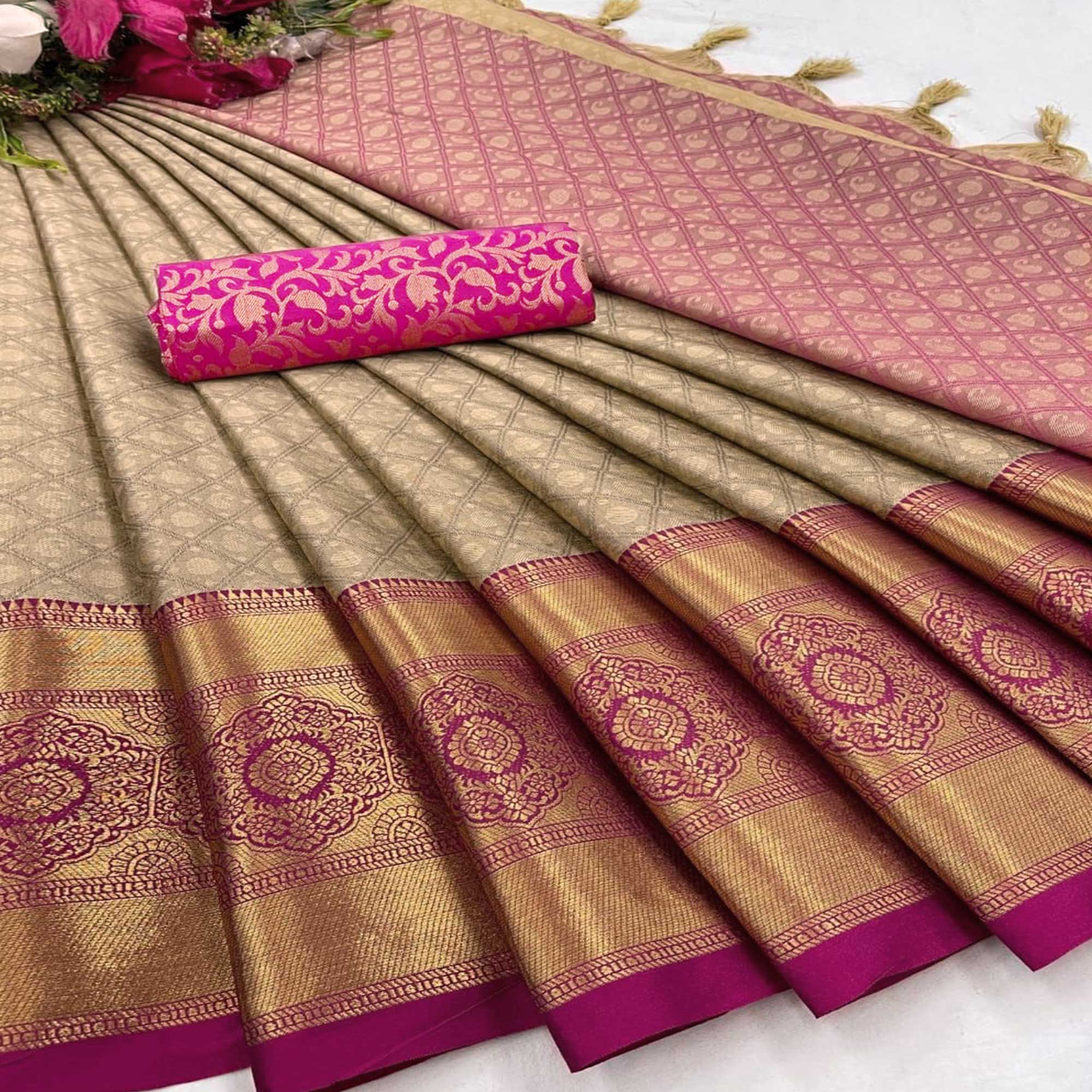 Beige Silk Blend Saree With Detailed Zari Weaving & Tassel Embellishments