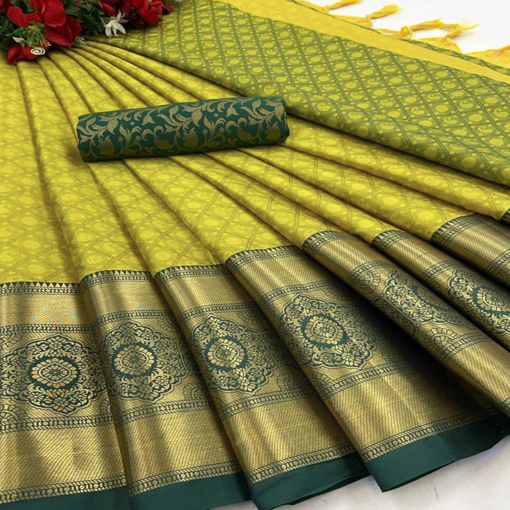 Lemon Green Silk Blend Saree With Detailed Zari Weaving & Tassel Embellishments