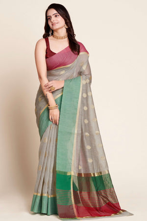 Grey Zari Weaving Cotton Silk Saree