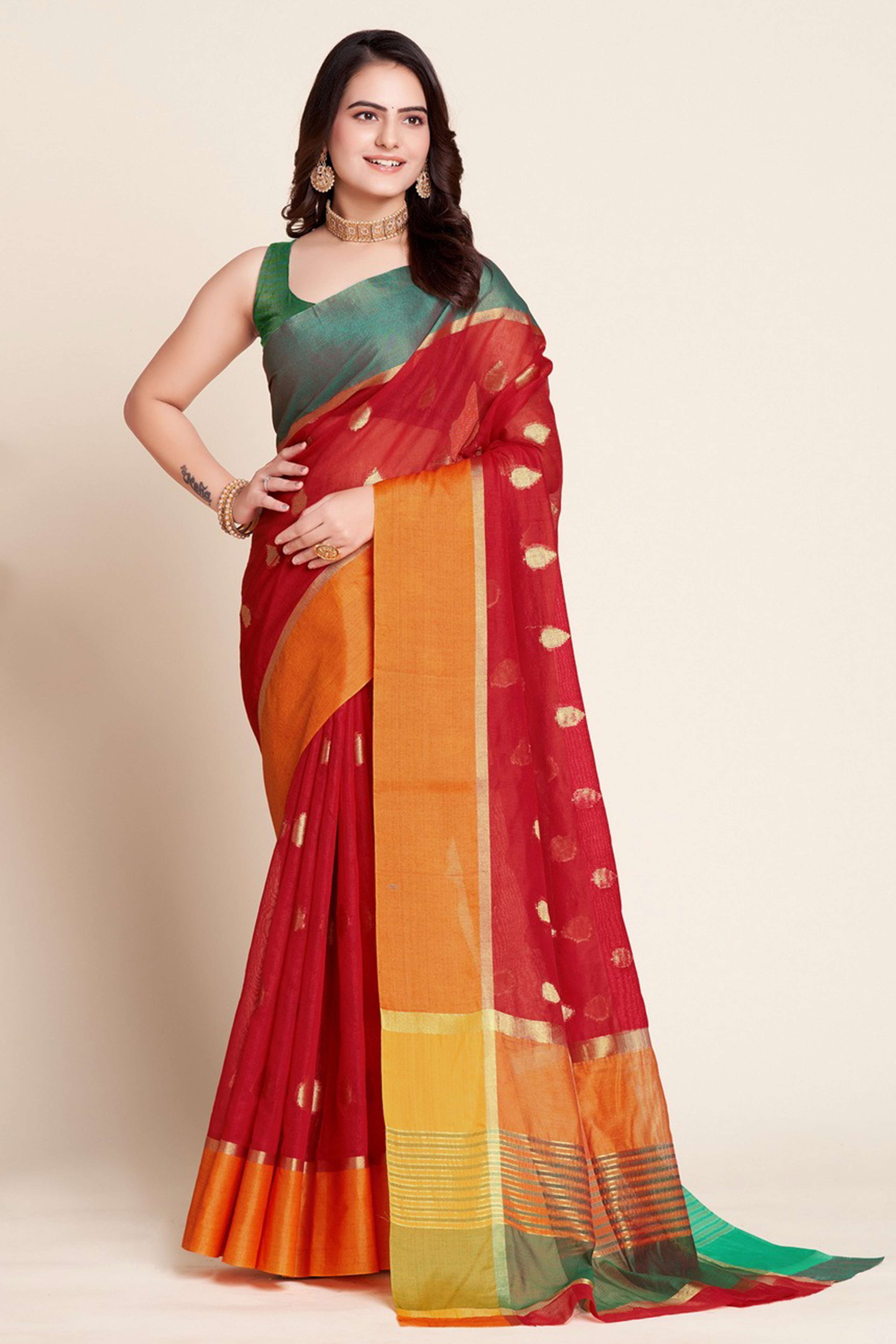 Red Zari Weaving Cotton Silk Saree