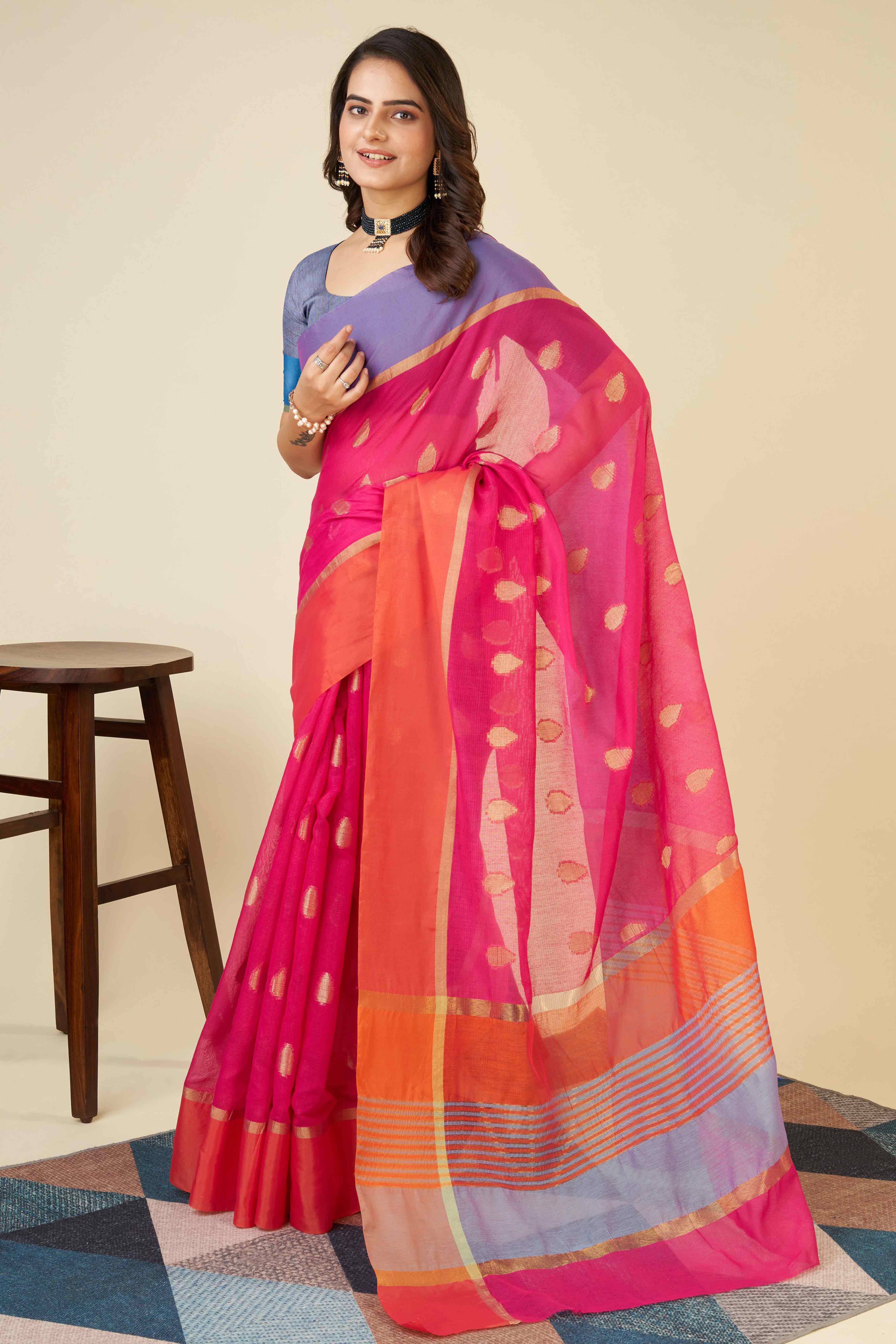 Pink Zari Weaving Cotton Silk Saree
